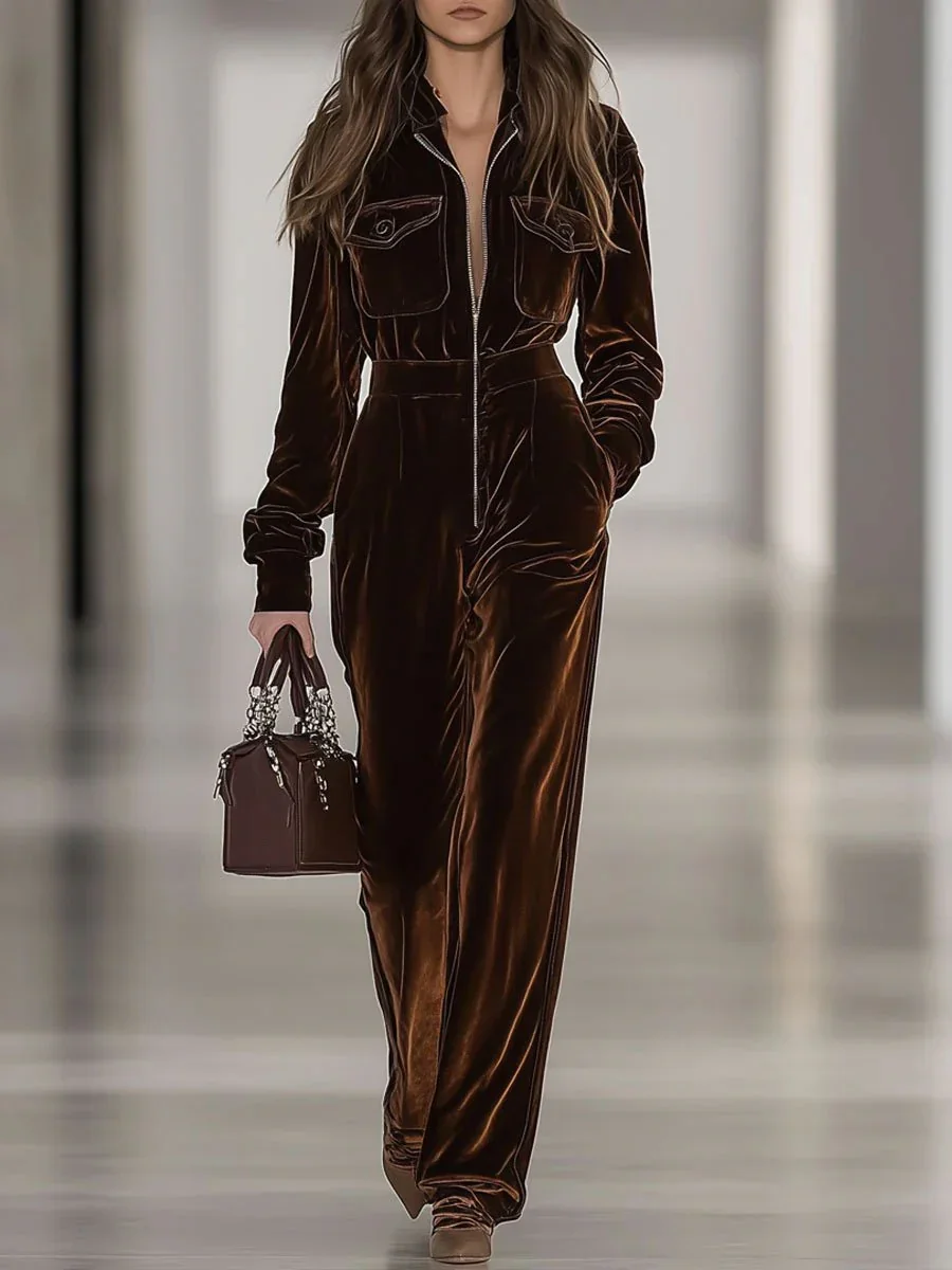 Urban Zipper Plain Shawl Collar Jumpsuit