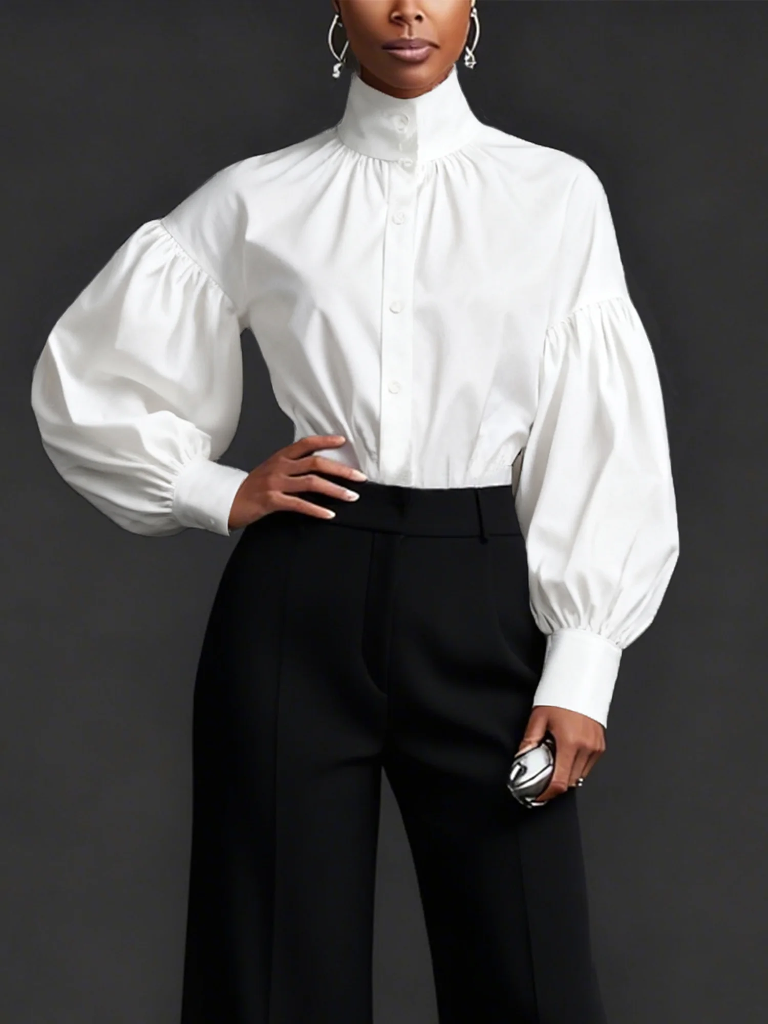 Cotton Urban Plain Ruched Turtleneck Balloon Sleeve Shirt