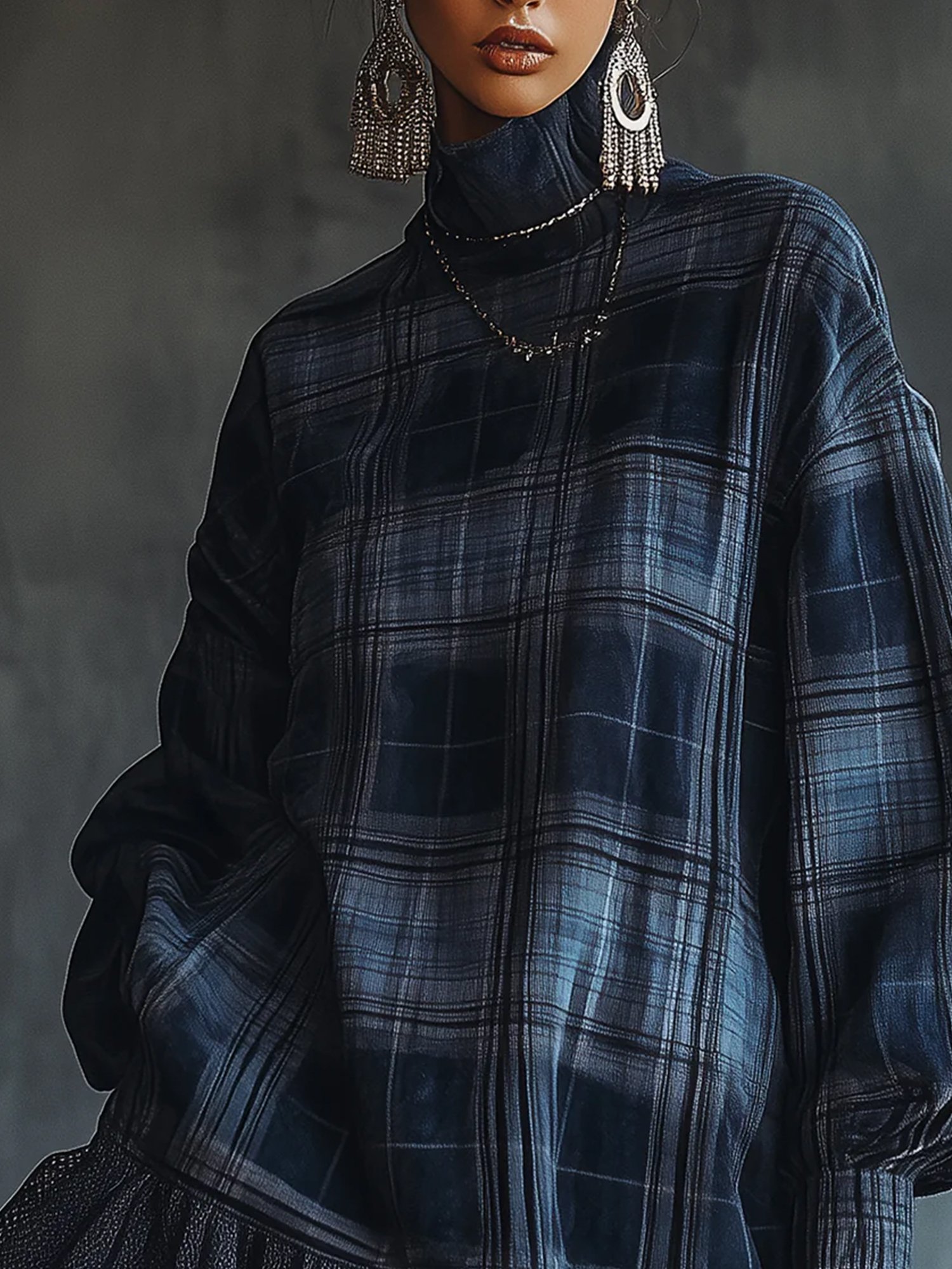 Casual Plaid Split Joint Stand Collar Mini Dress