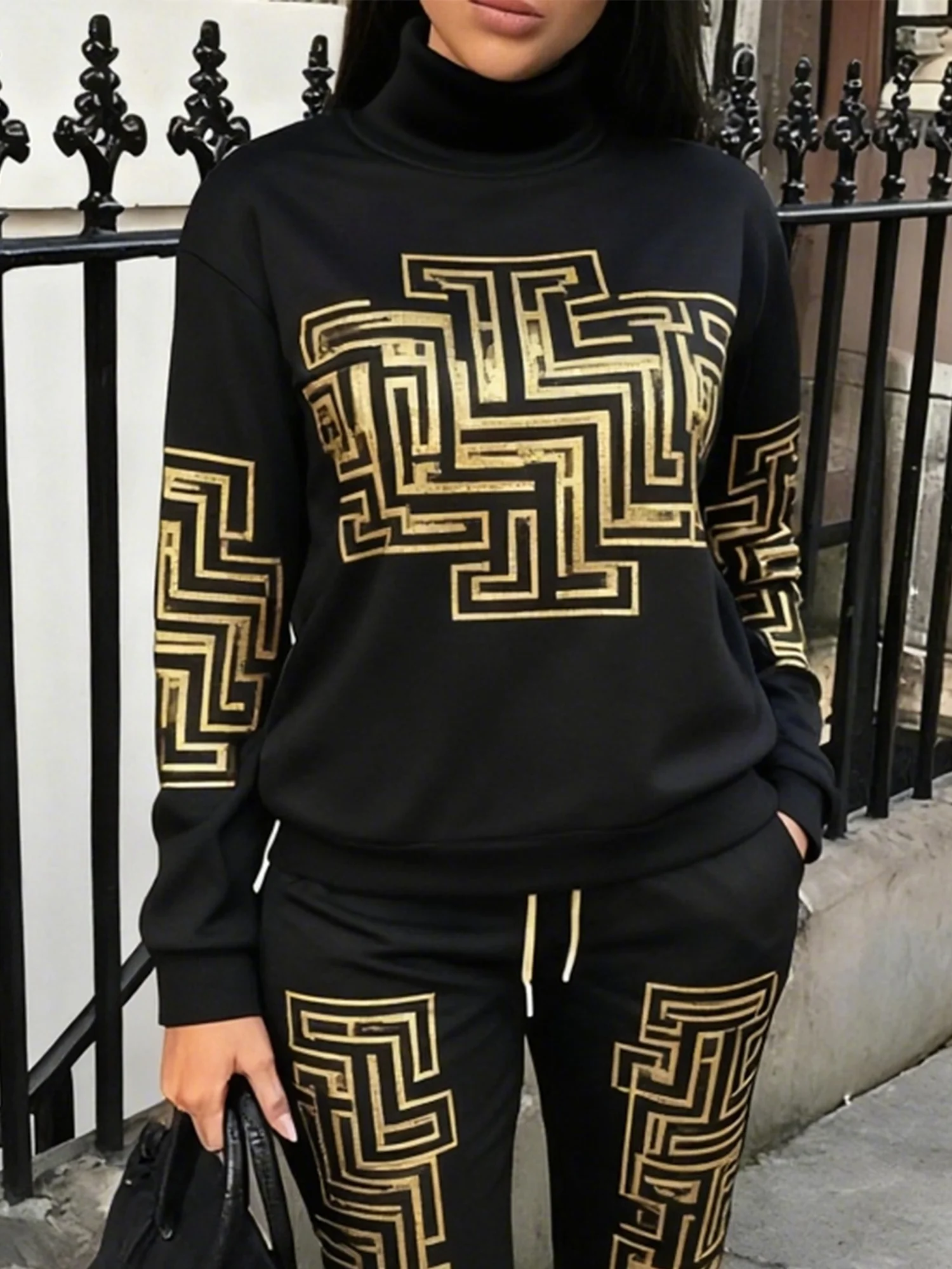Casual Geometric Printing Turtleneck  Sweatshirt