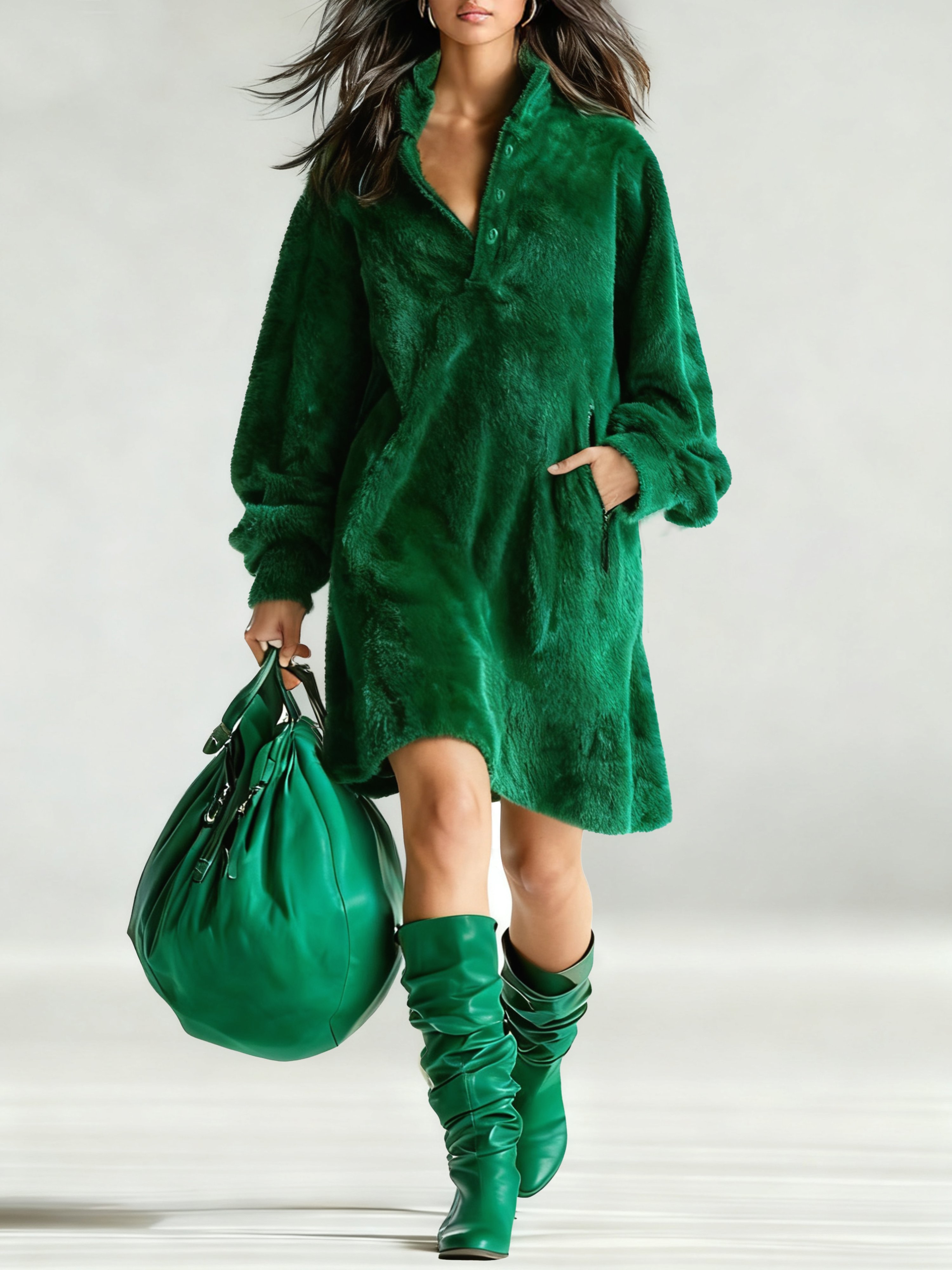 Urban Plain Balloon Sleeve Buttoned Midi Dress