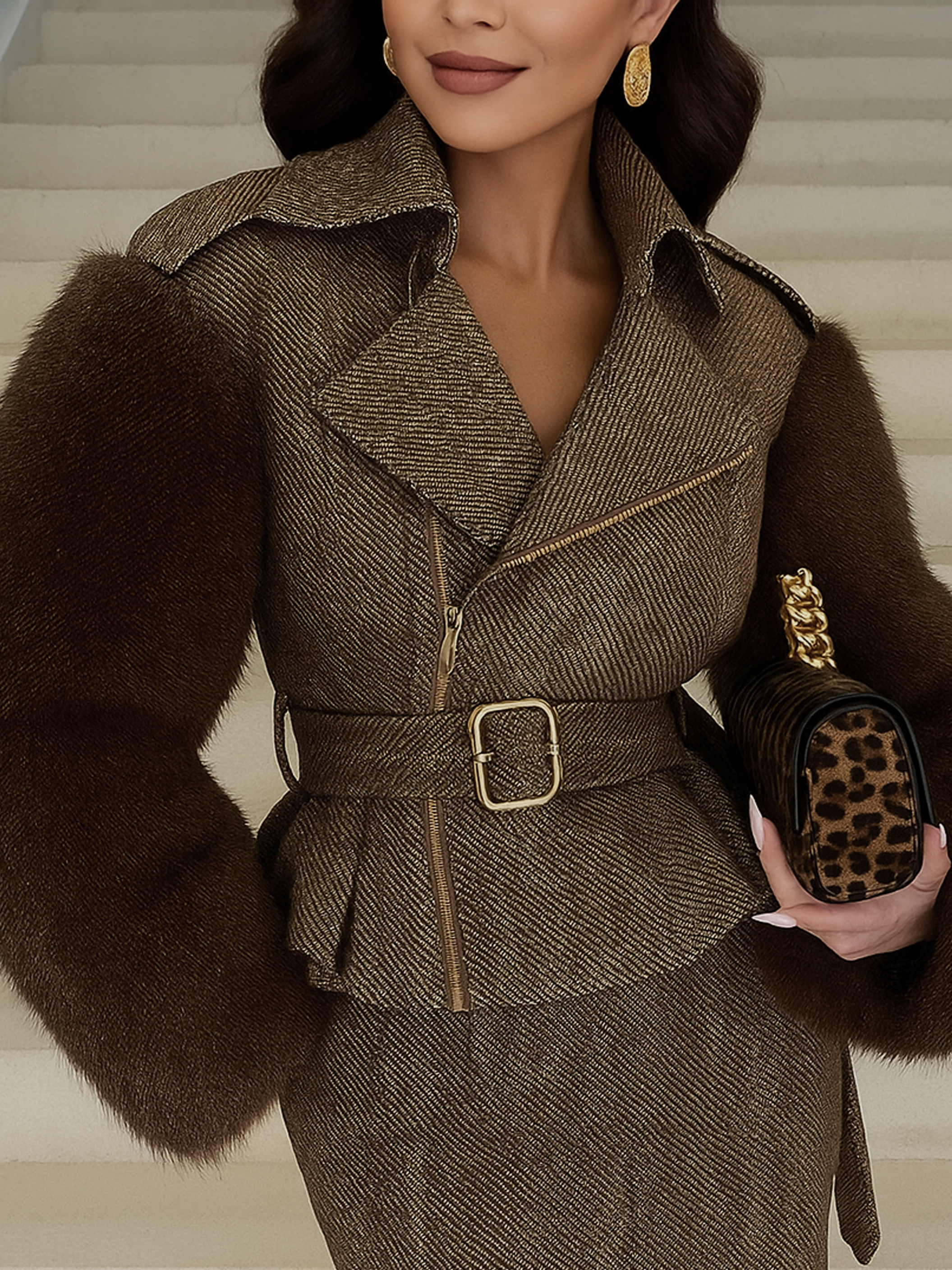 Urban Zipper Herringbone Shawl Collar Coat Belt