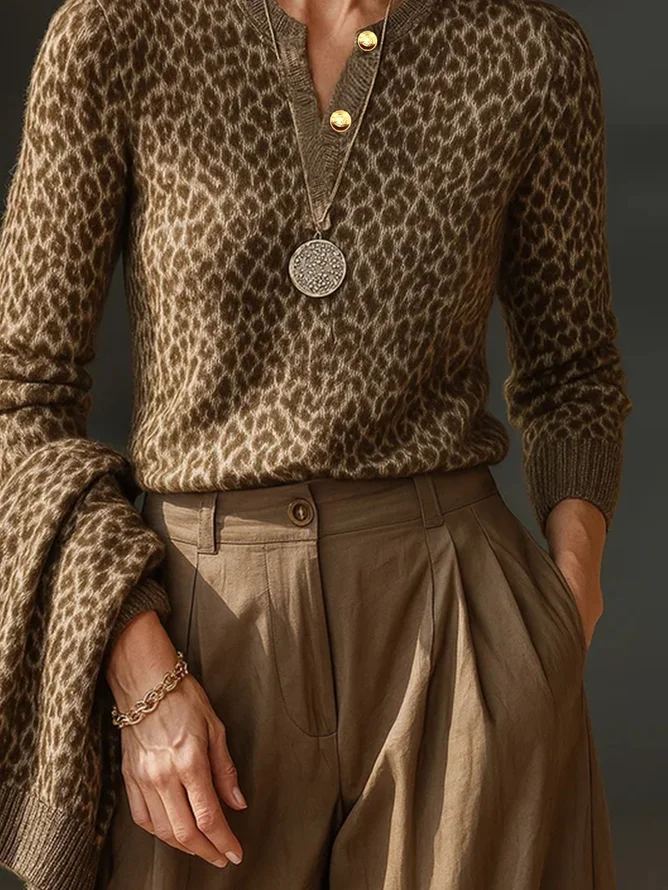 Plus Size Urban Leopard Buttoned V Neck Sweater