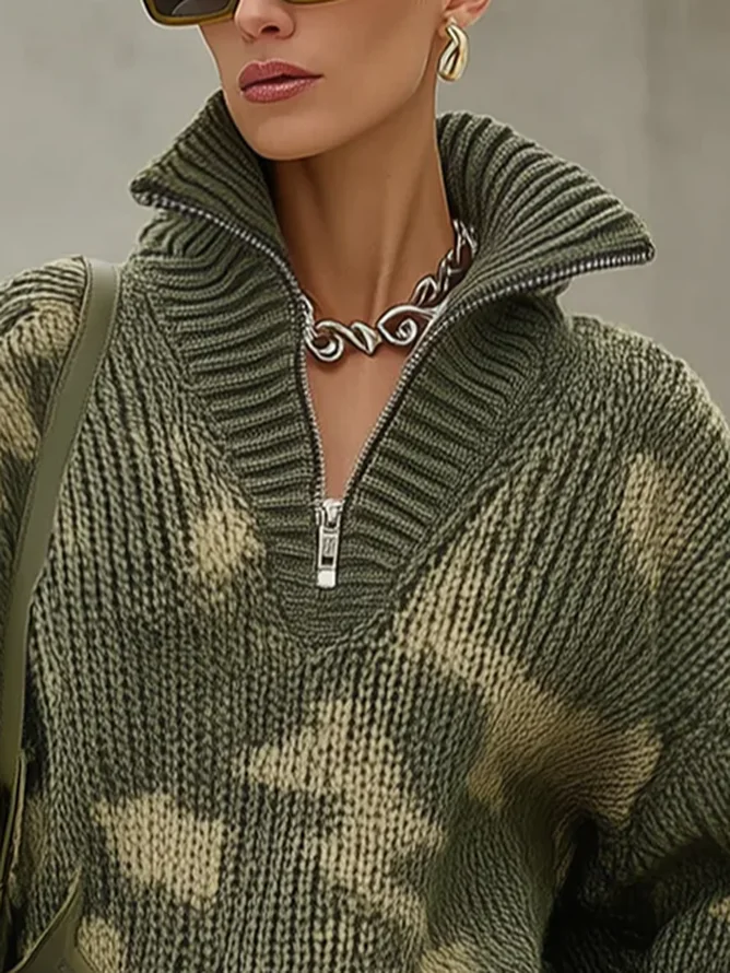 Plus Size Casual Camo Zipper Mock Neck Sweater