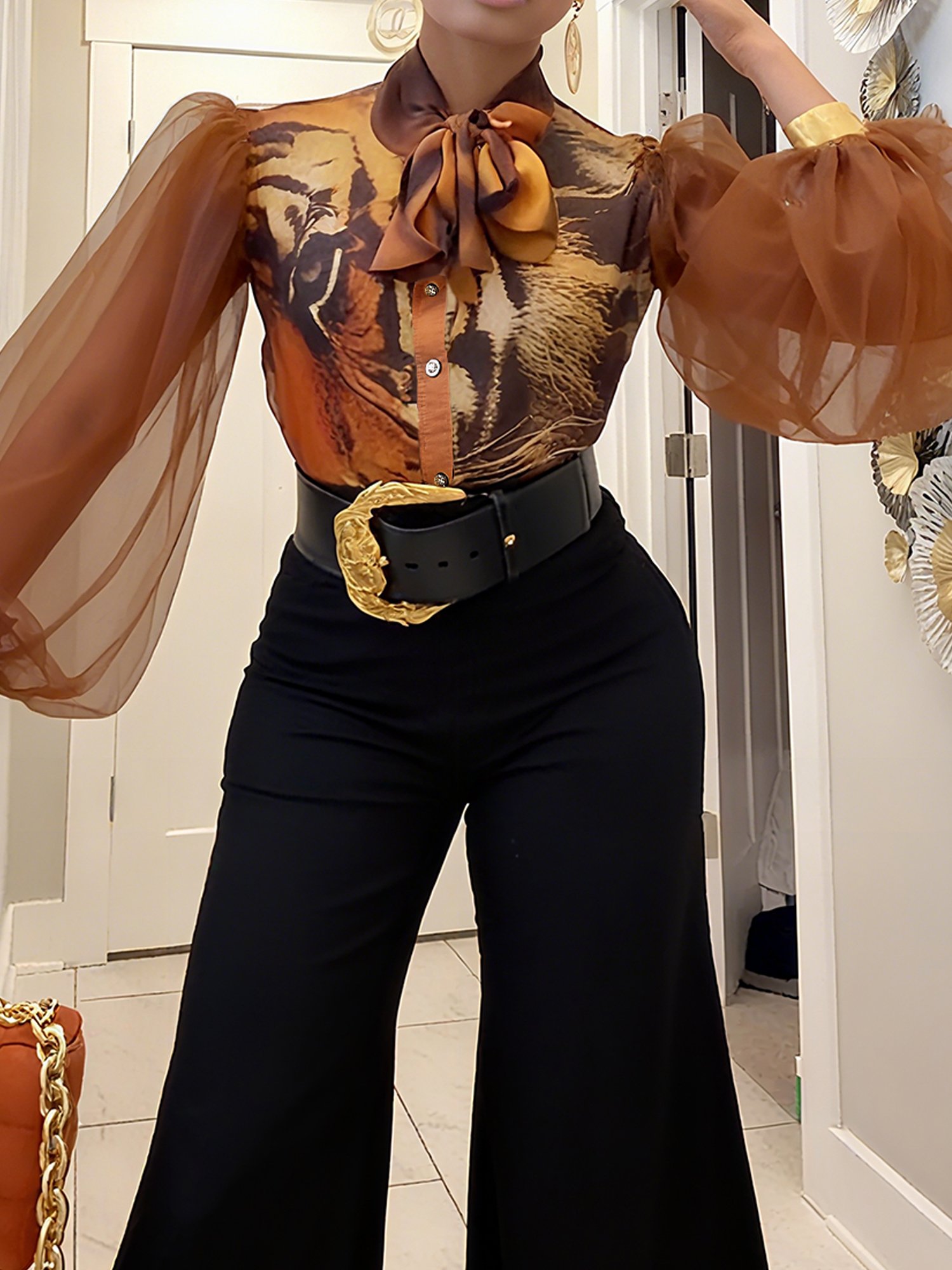 Elegant Random Print Printing Shirt Collar Balloon Sleeve Shirt