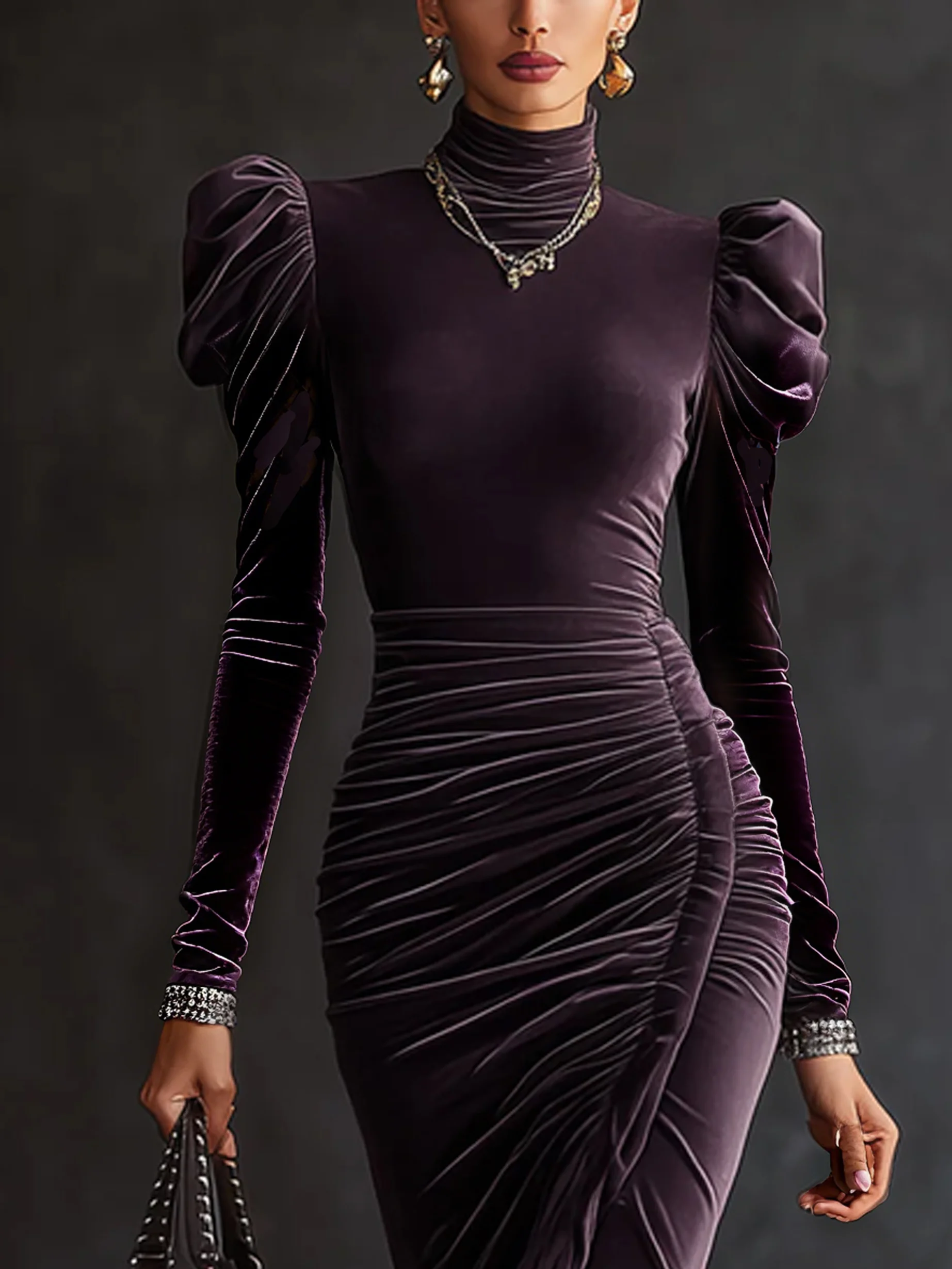 Urban Plain Puff Sleeve Ruched Mock Neck Midi Dress