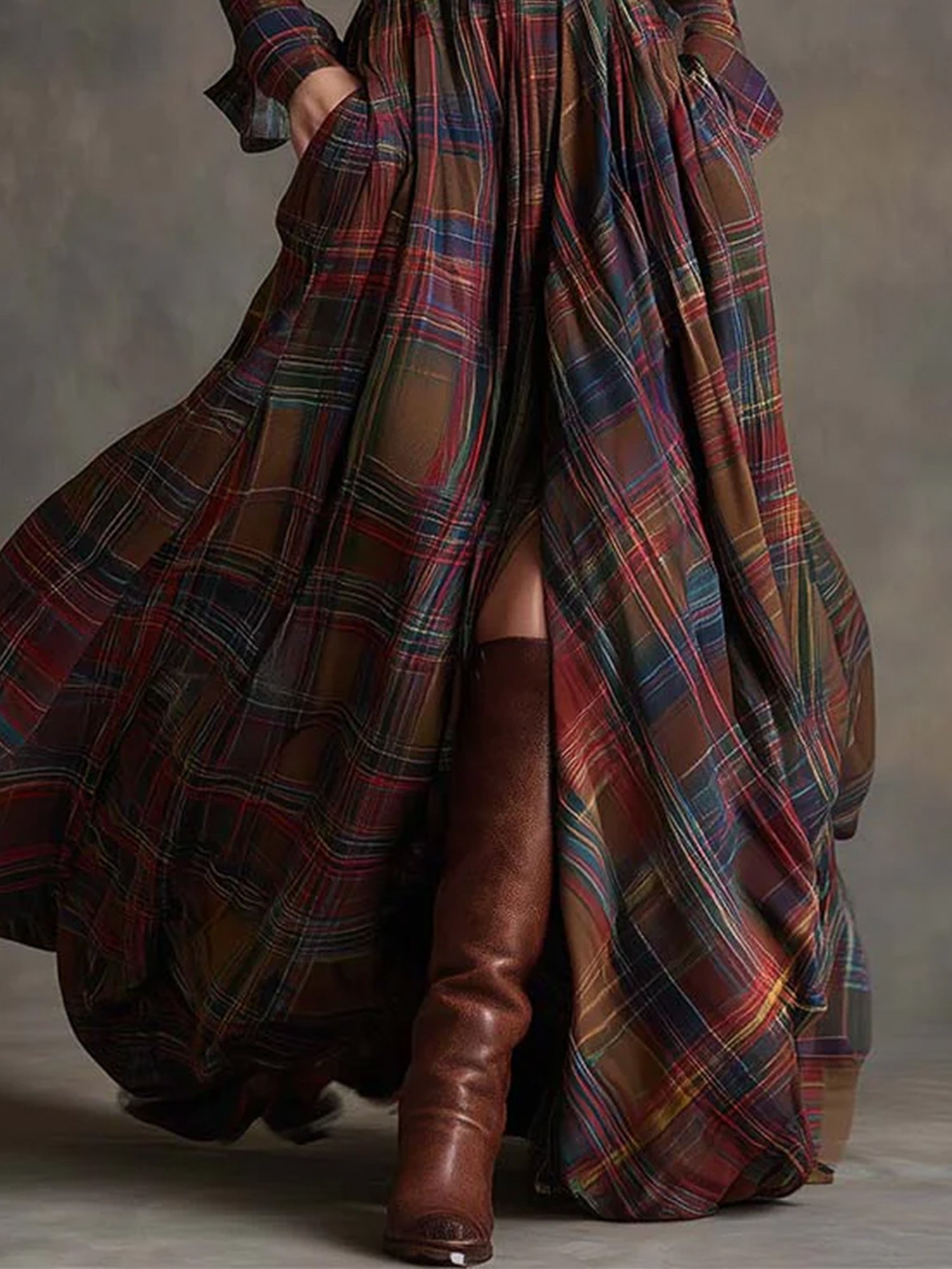 Urban Plaid Printing Shirt Collar Maxi Dress No Belt