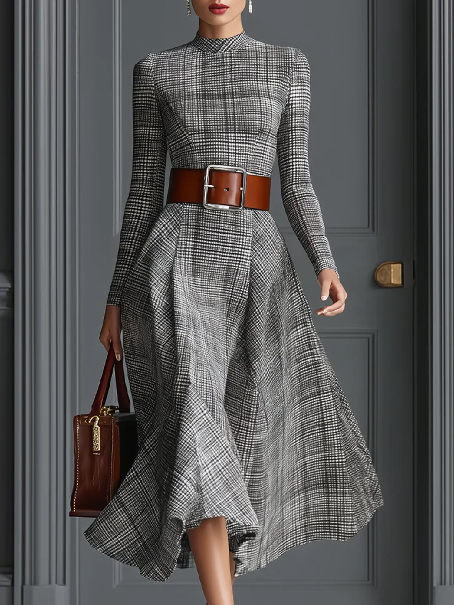Urban Plaid Printing Stand Collar Midi Dress No Belt