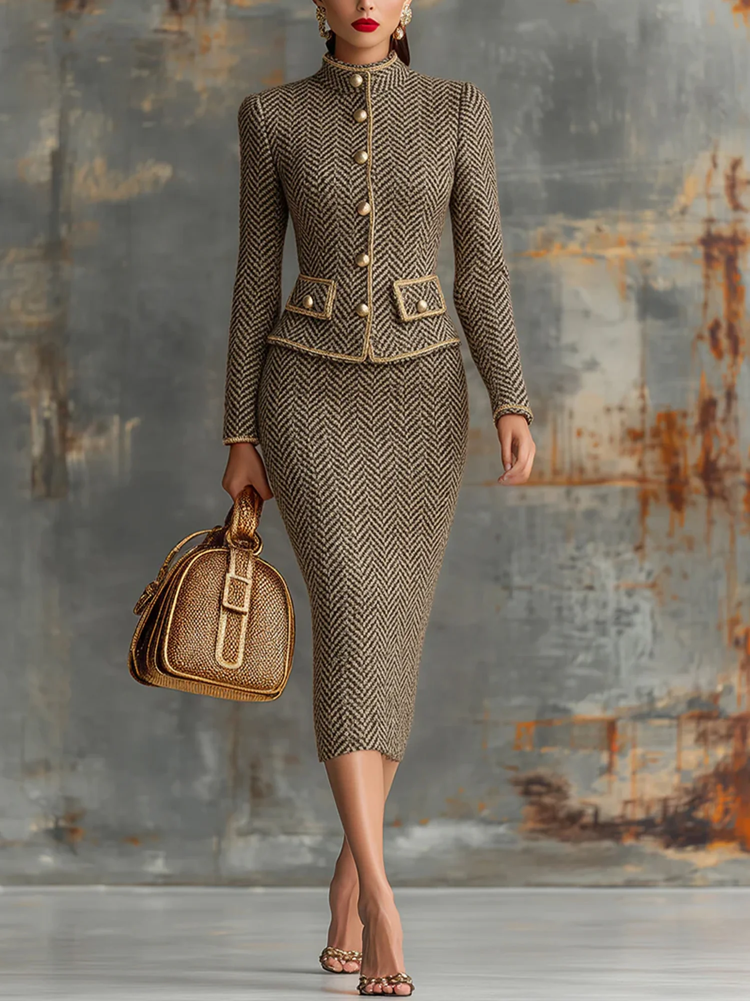 Elegant Herringbone Midi Skirt