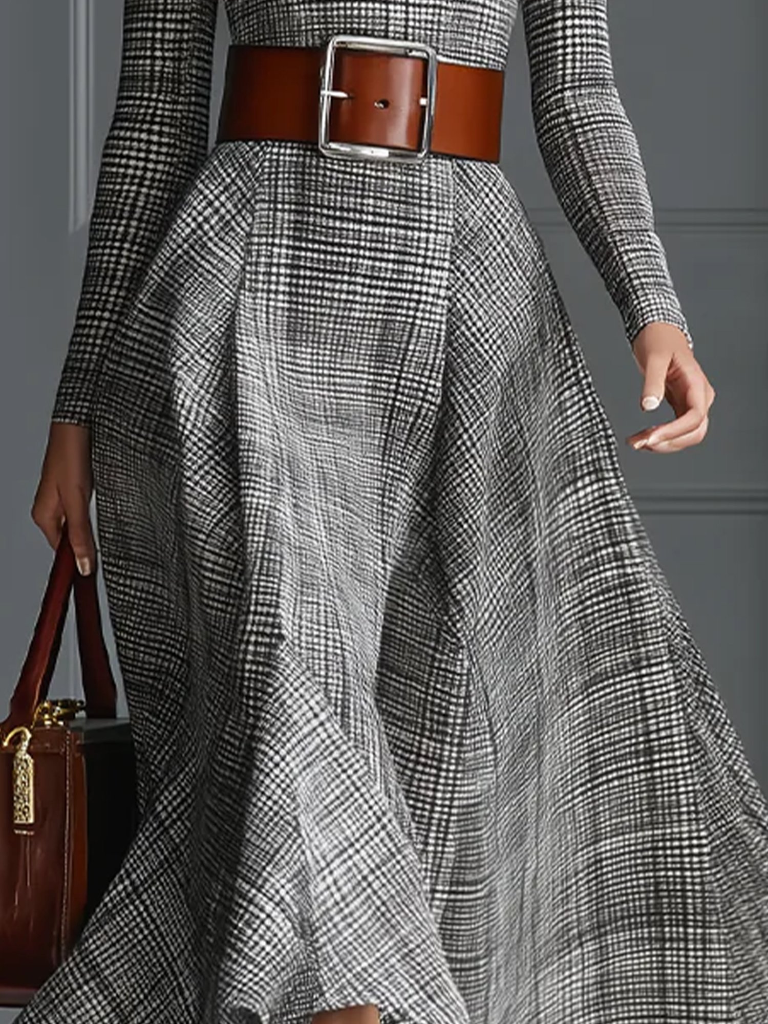 Urban Plaid Printing Stand Collar Midi Dress No Belt