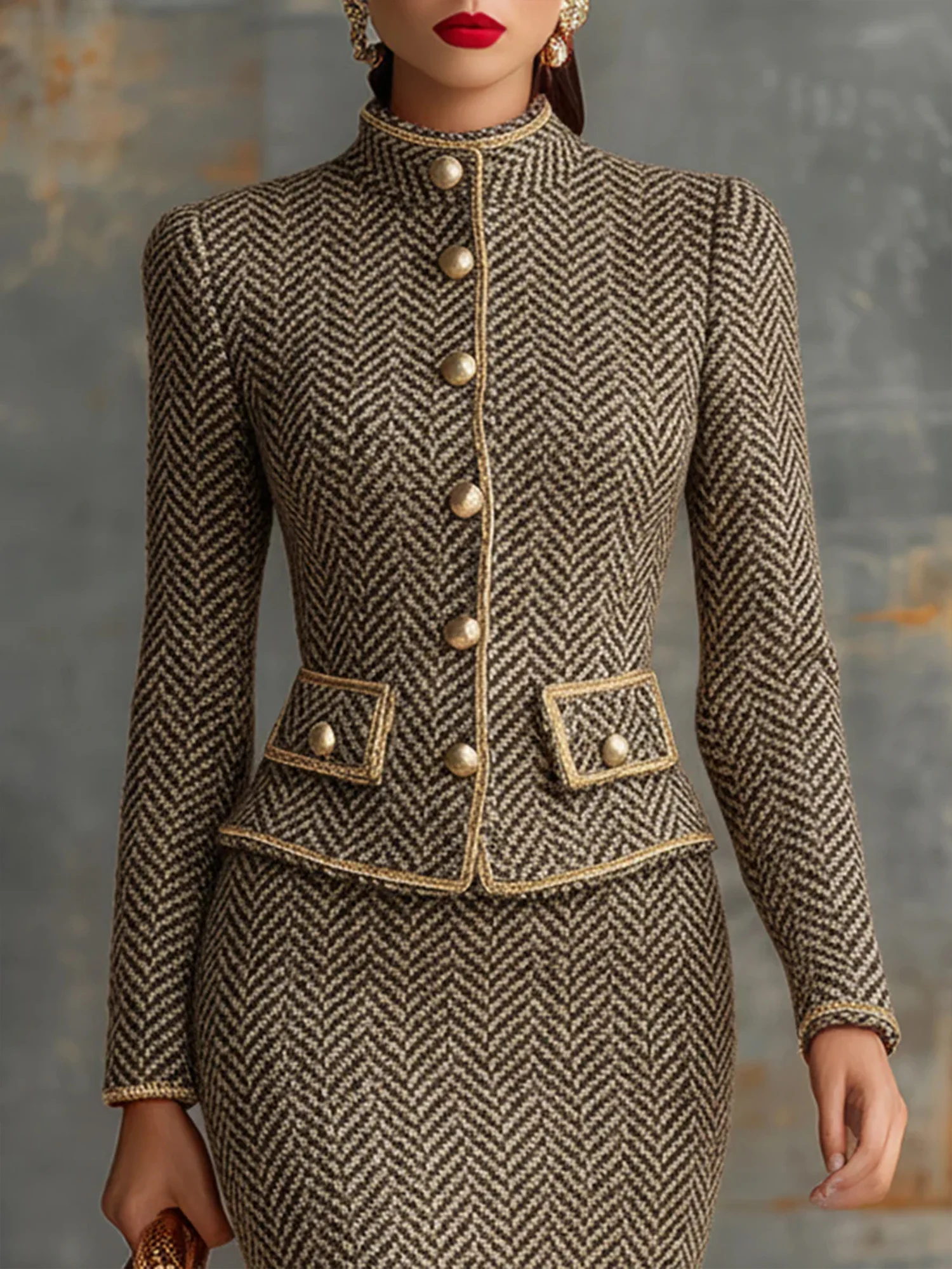 Elegant Buttoned Herringbone Stand Collar Jacket