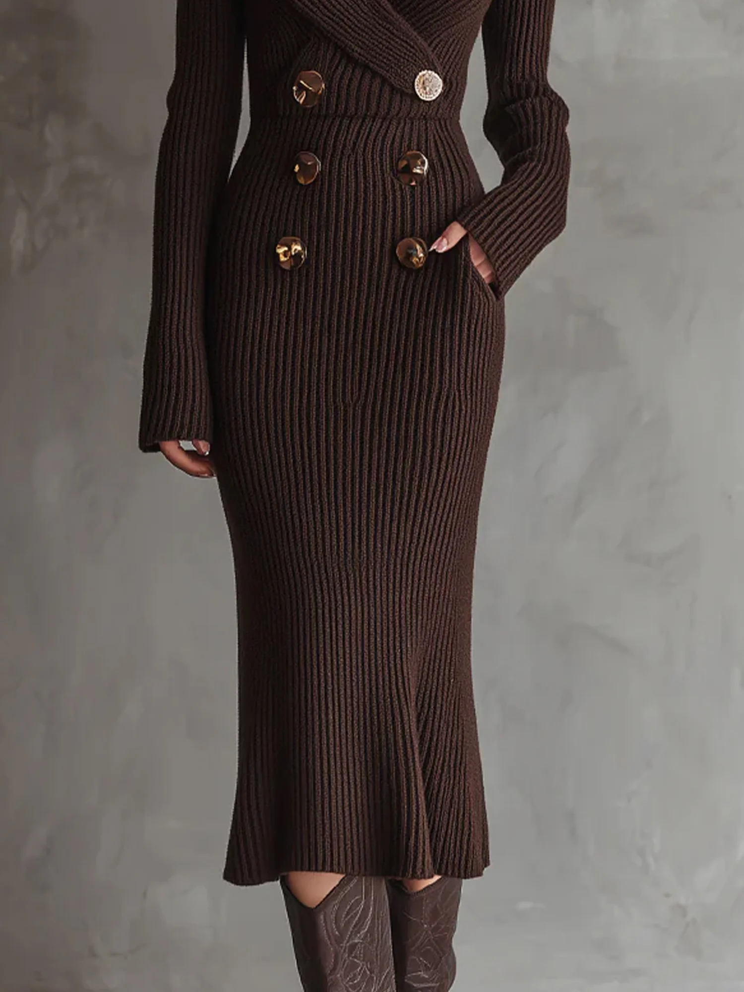 Urban Plain  Buttoned V Neck Sweater Dress