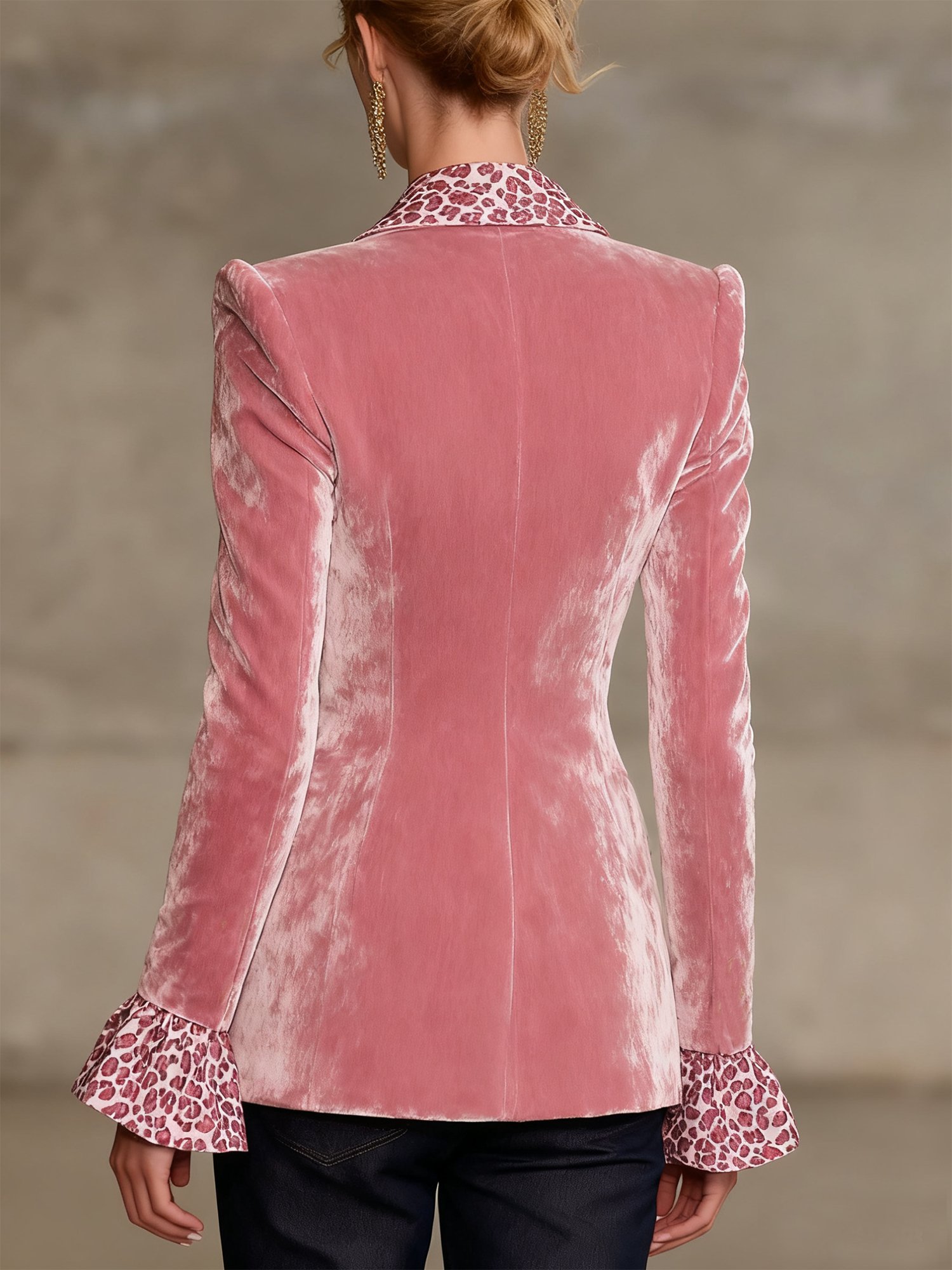 Elegant Bell Sleeve Split Joint Leopard Lapel Collar Blazer With Brooch