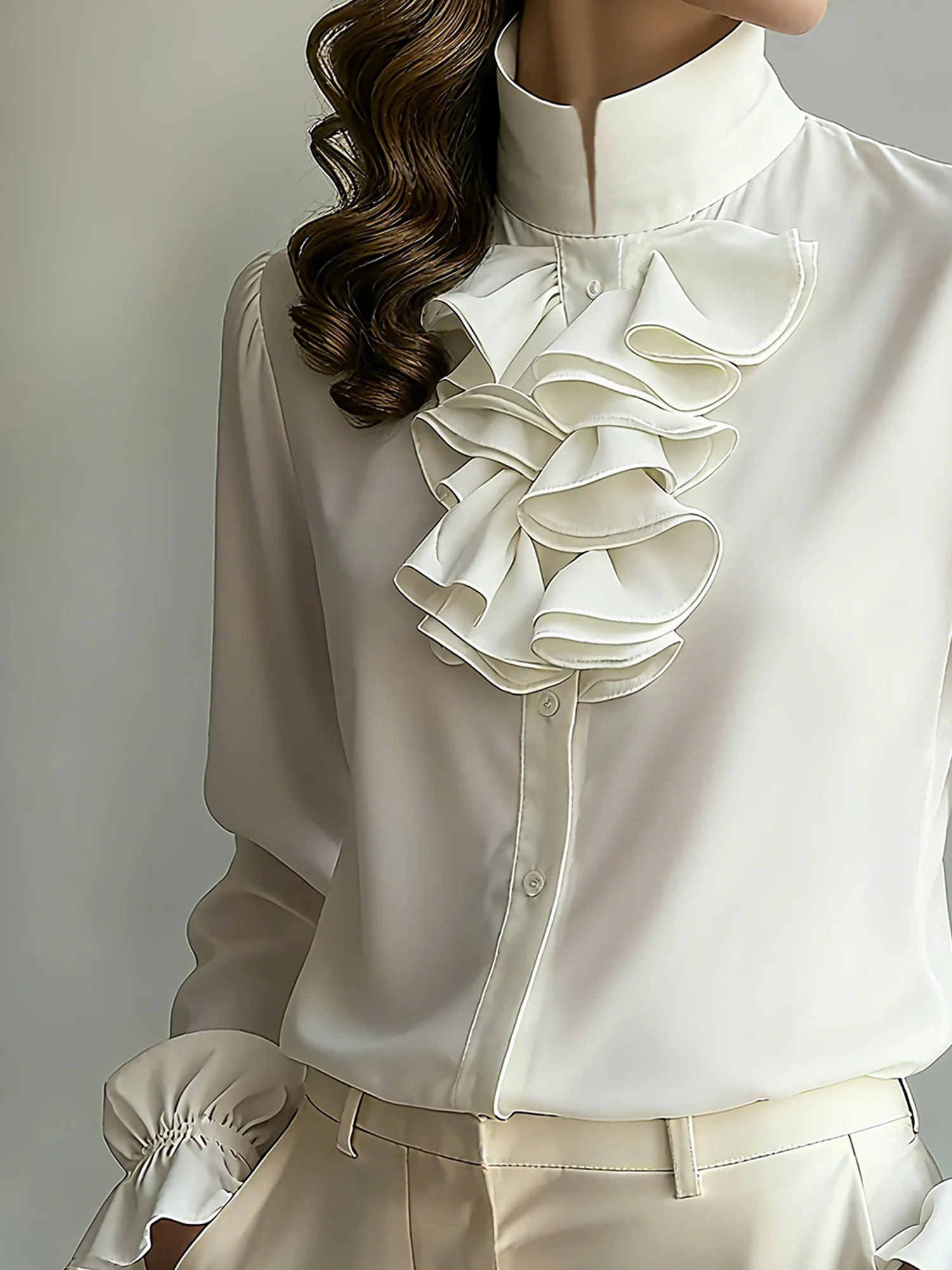 Cotton Urban Plain Peplum Lotus Leaf Collar Shirt