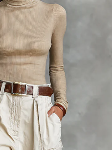 Knitted Casual Plain Turtleneck T-shirt