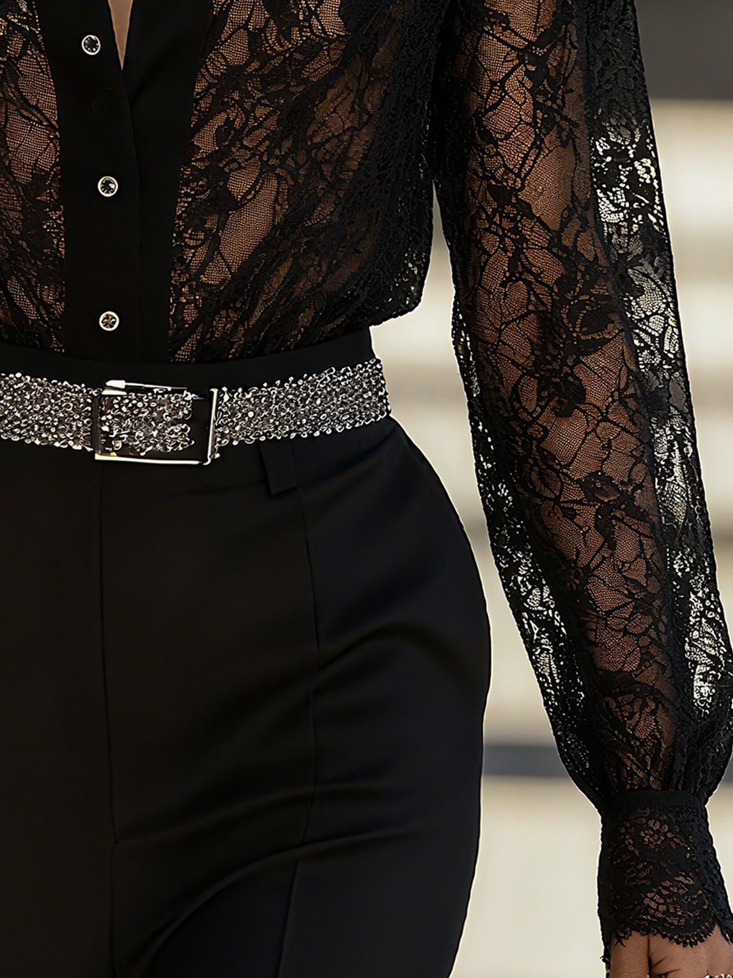 Lace Elegant Plain Shirt Collar Shirt