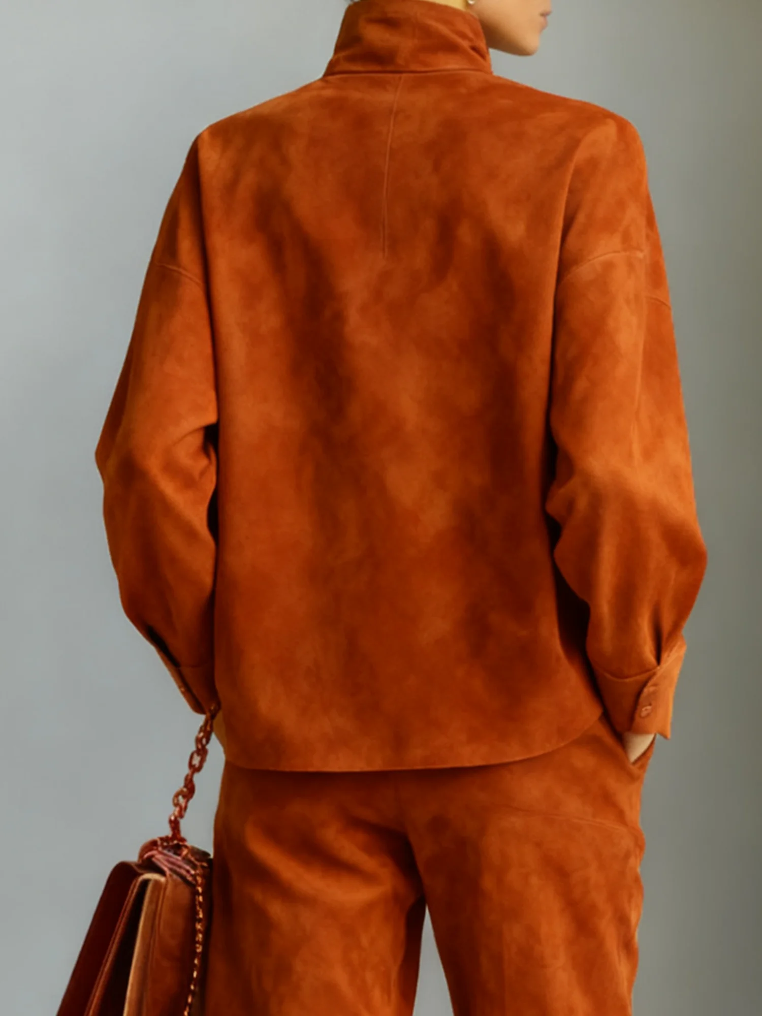 Suede Urban Plain Stand Collar Faux Leather Top