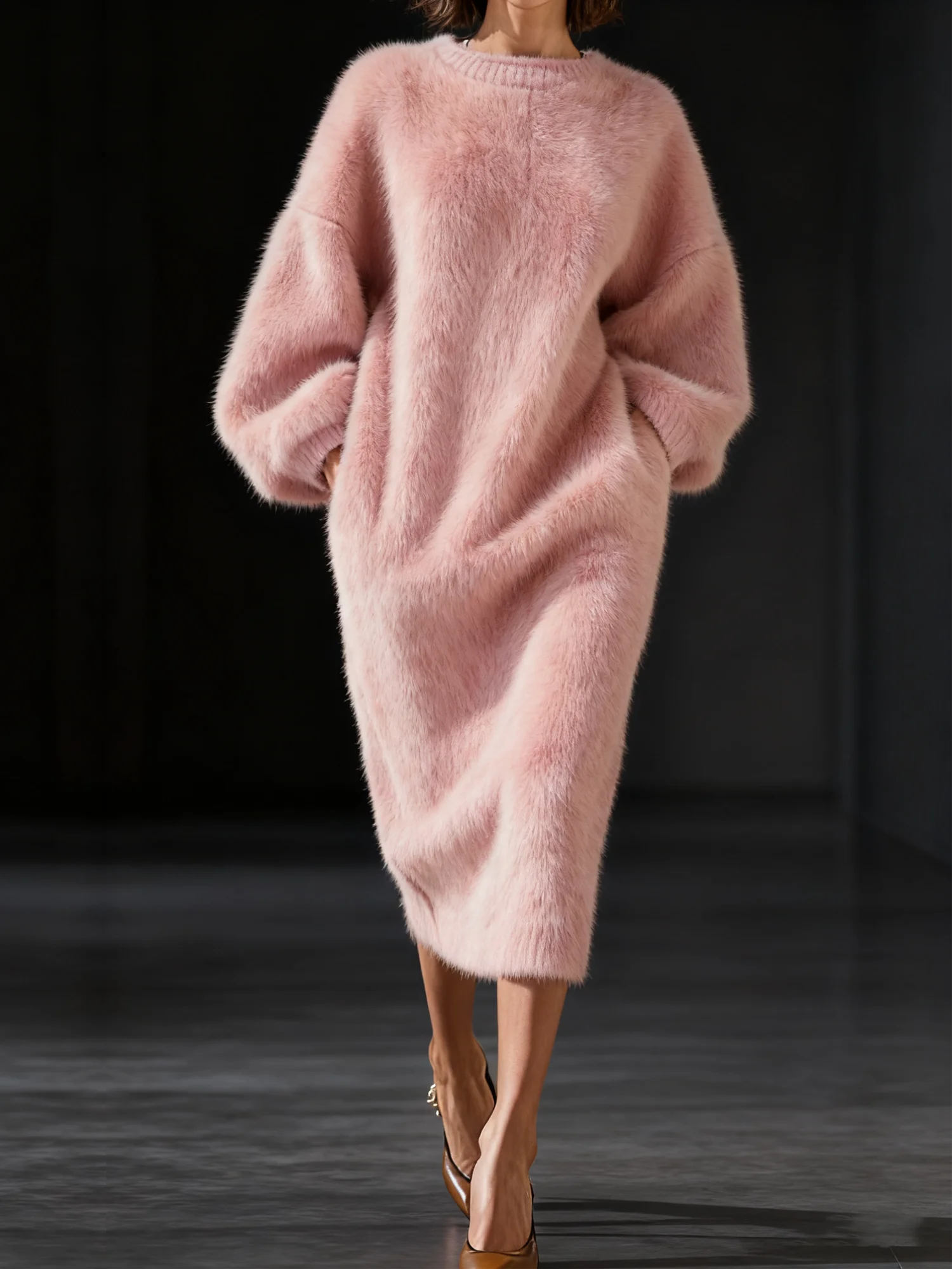 Casual Plain Crew Neck Midi Sweater Dress