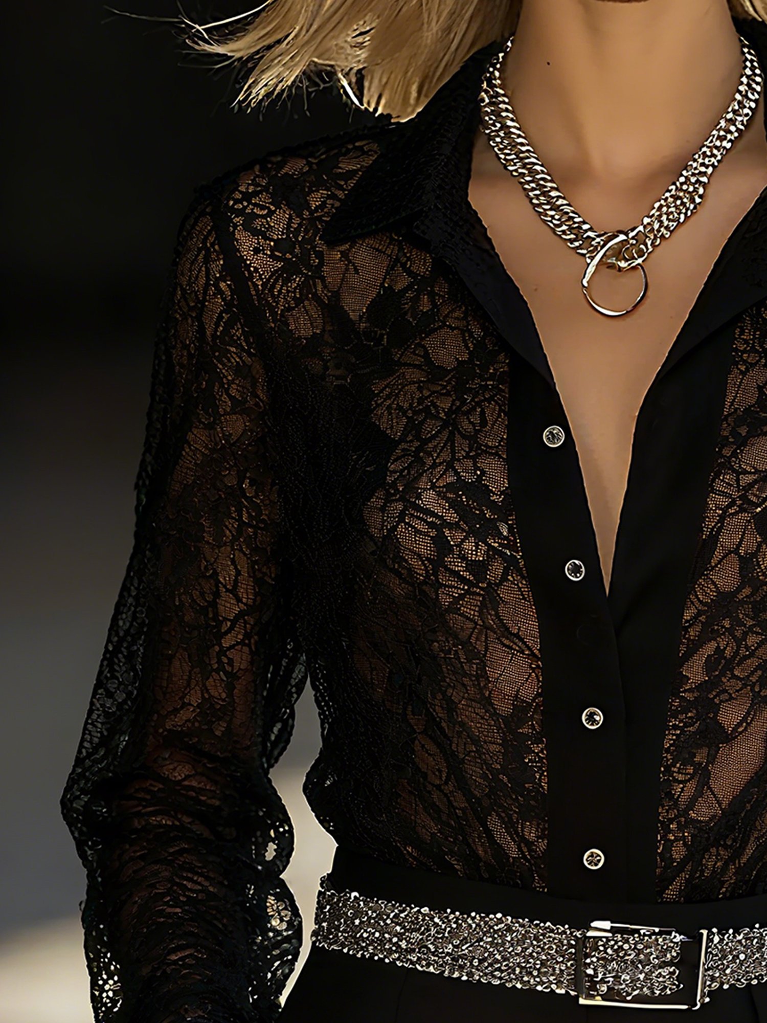 Lace Elegant Plain Shirt Collar Shirt