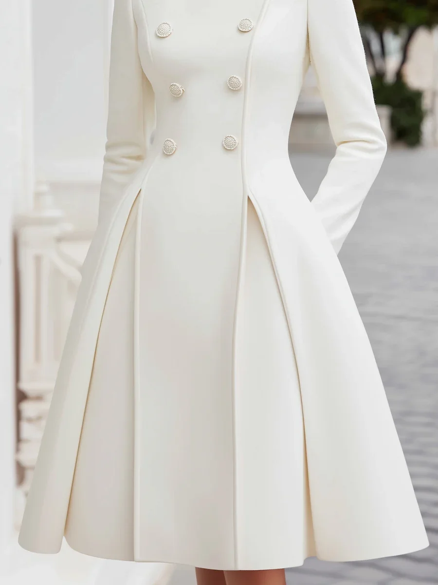 Elegant Plain Buttoned Stand Collar Midi Dress