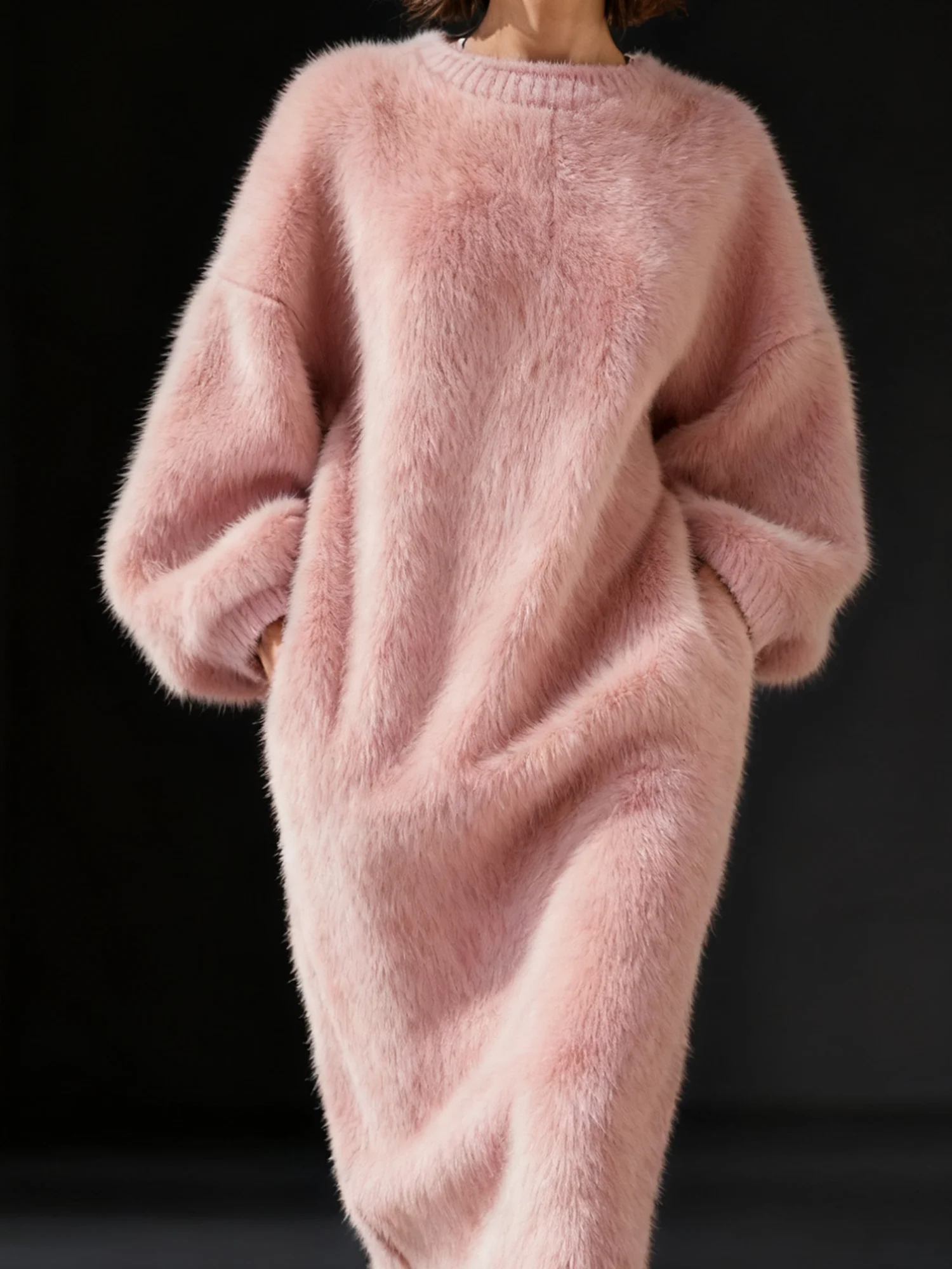 Casual Plain Crew Neck Midi Sweater Dress