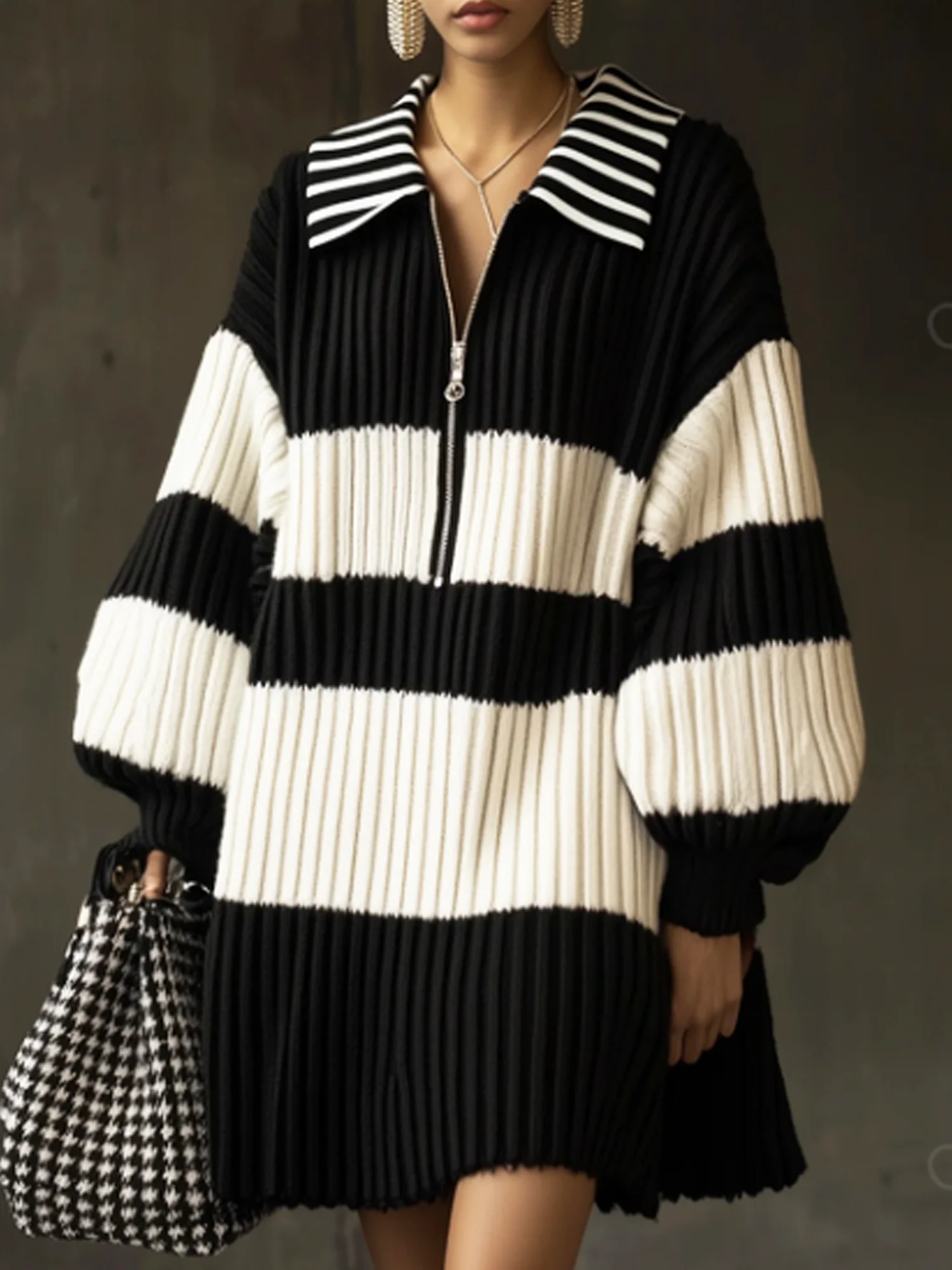 Casual Striped Shirt Collar Mini Sweater Dress No Belt