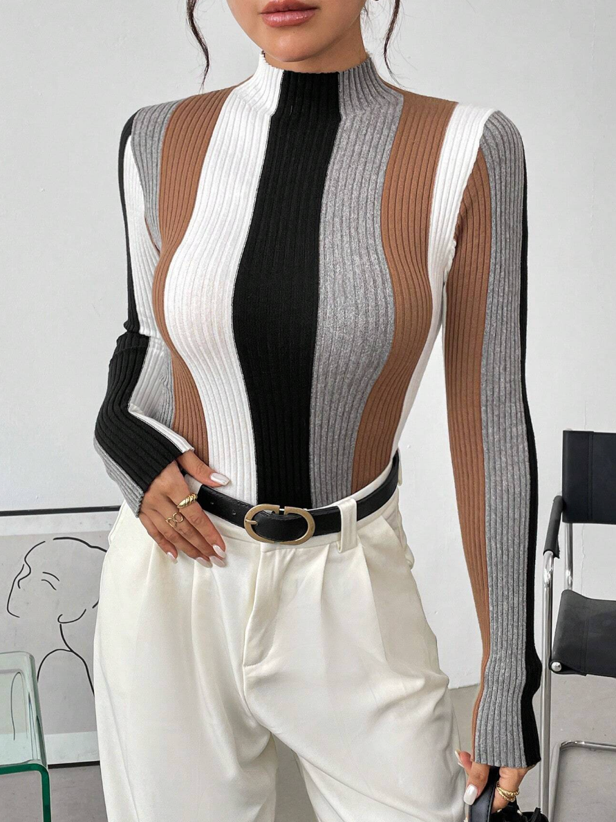 Urban Color Block Stand Collar Sweater