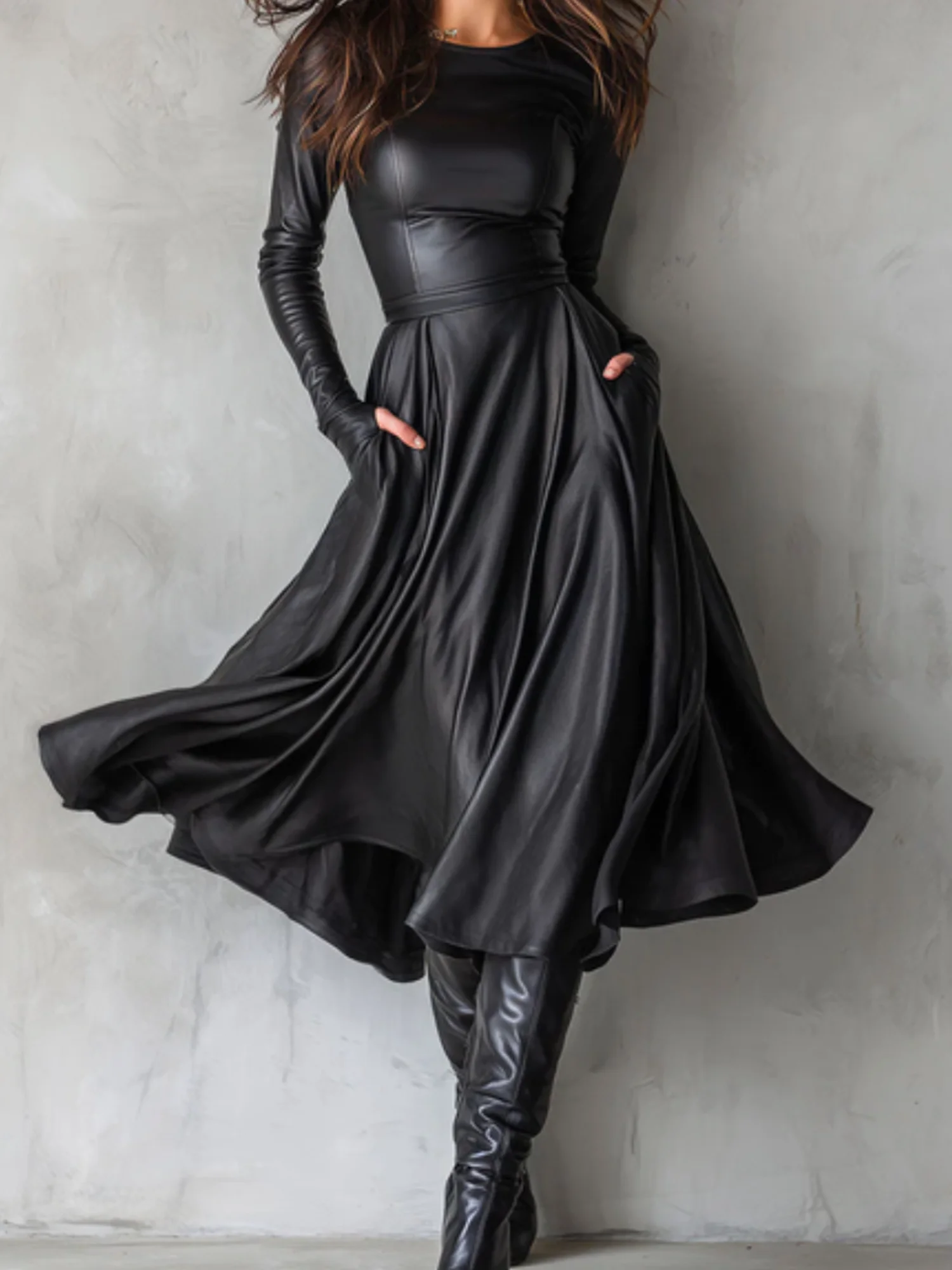 Elegant Plain Crew Neck Midi Dress