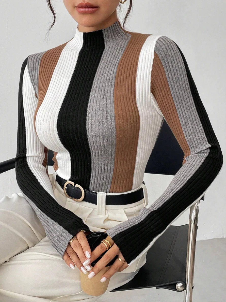 Urban Color Block Stand Collar Sweater