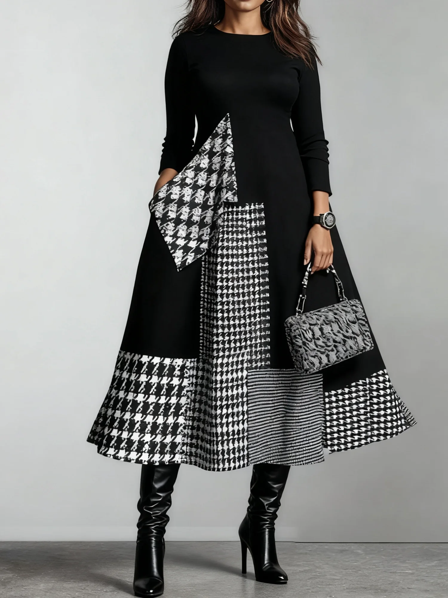 Urban Geometric Crew Neck Midi Dress