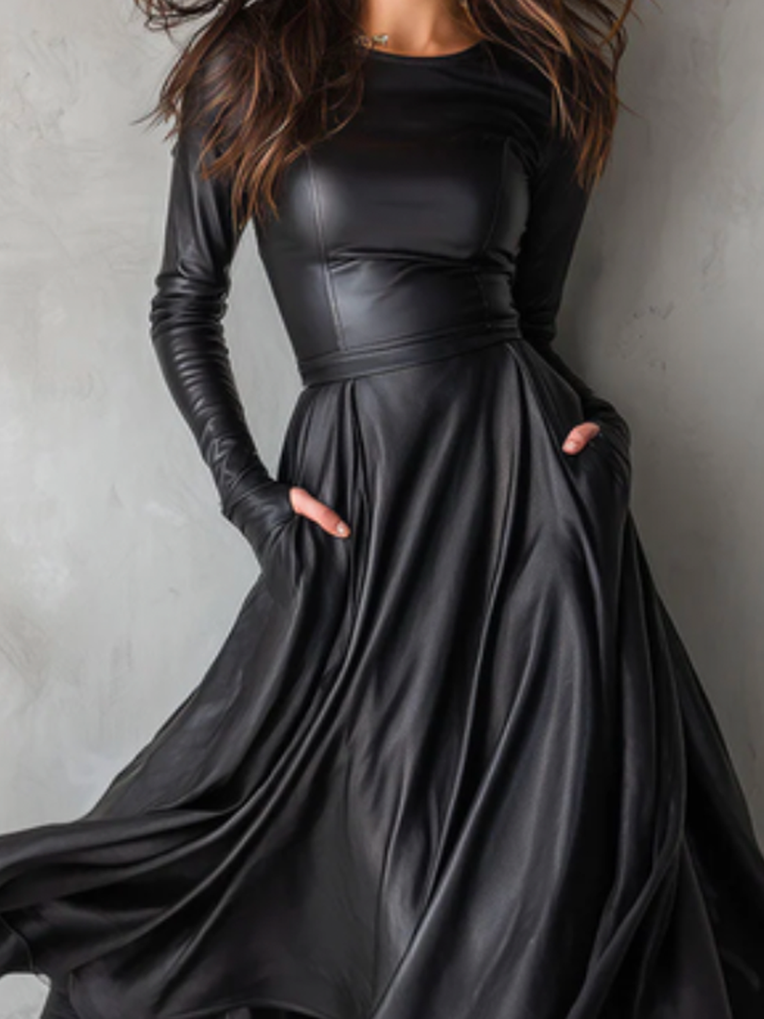 Elegant Plain Crew Neck Midi Dress