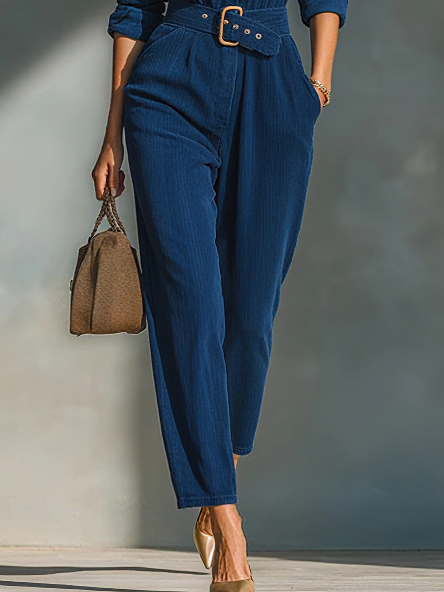 Urban Corduroy Plain Shirt Jumpsuit With Belt