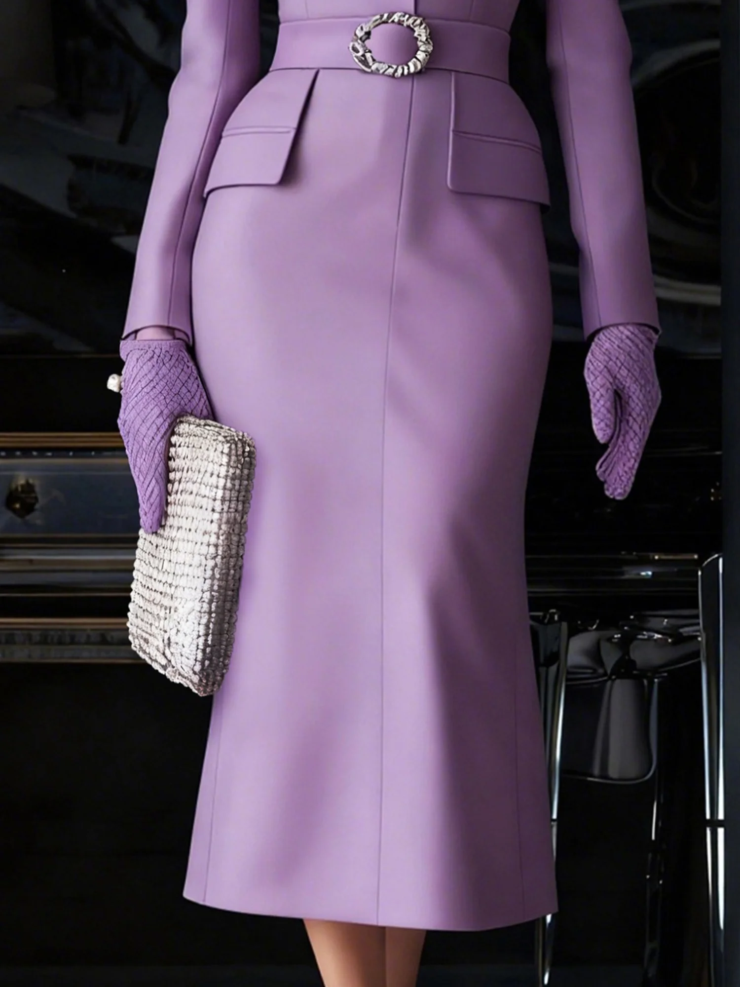 Elegant Plain  Lapel Collar Midi Dress With Belt