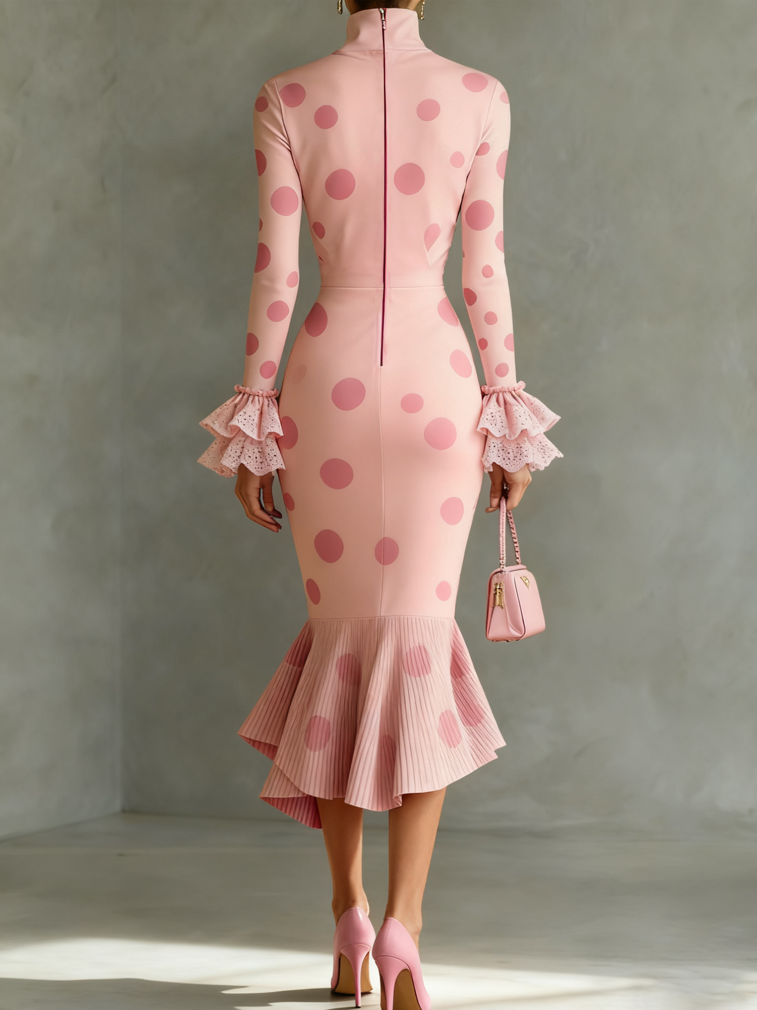 Elegant Polka Dots Stand Collar Dress