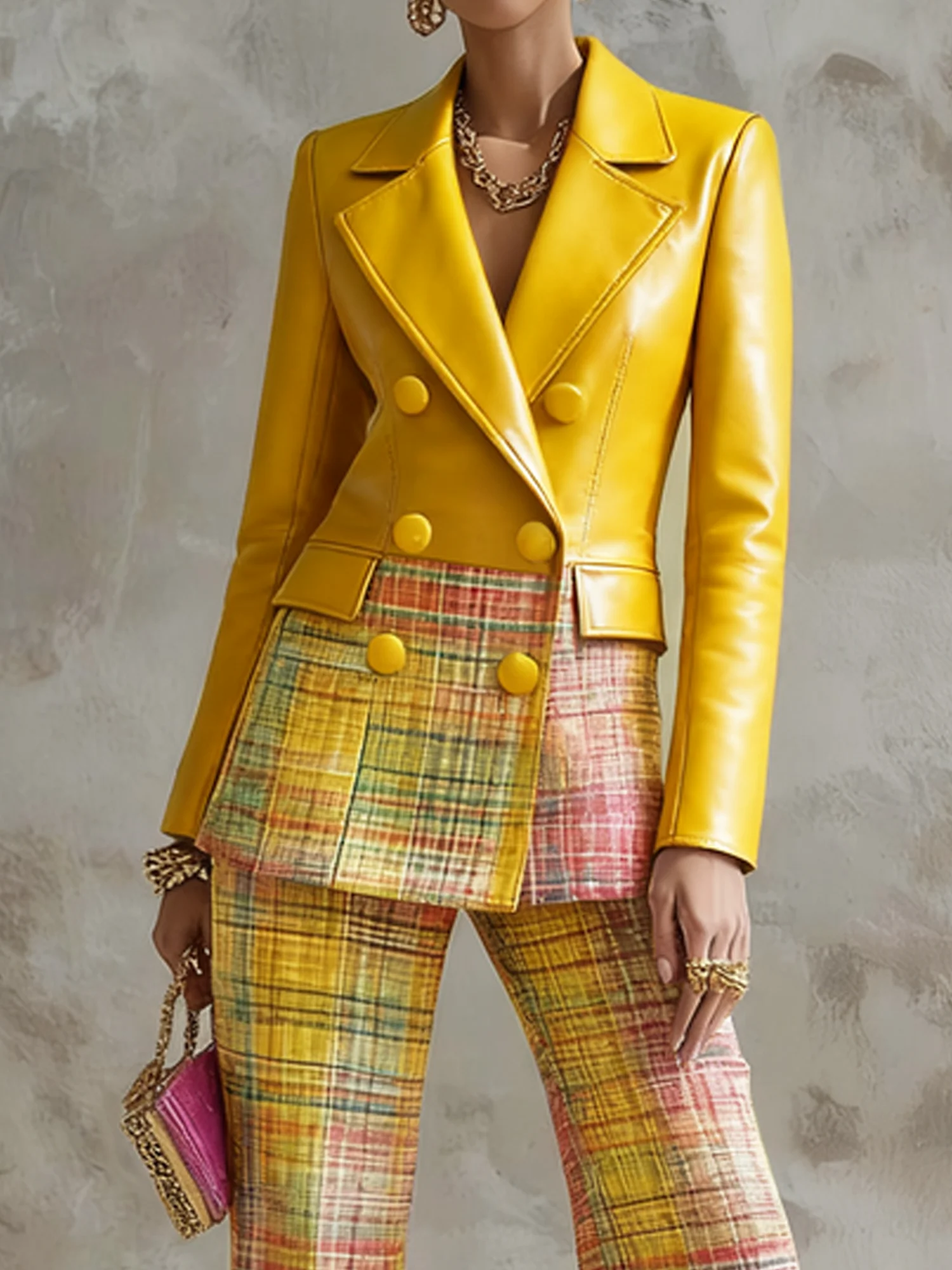 Urban Geometric Plaid Faux Leather Lapel Coat
