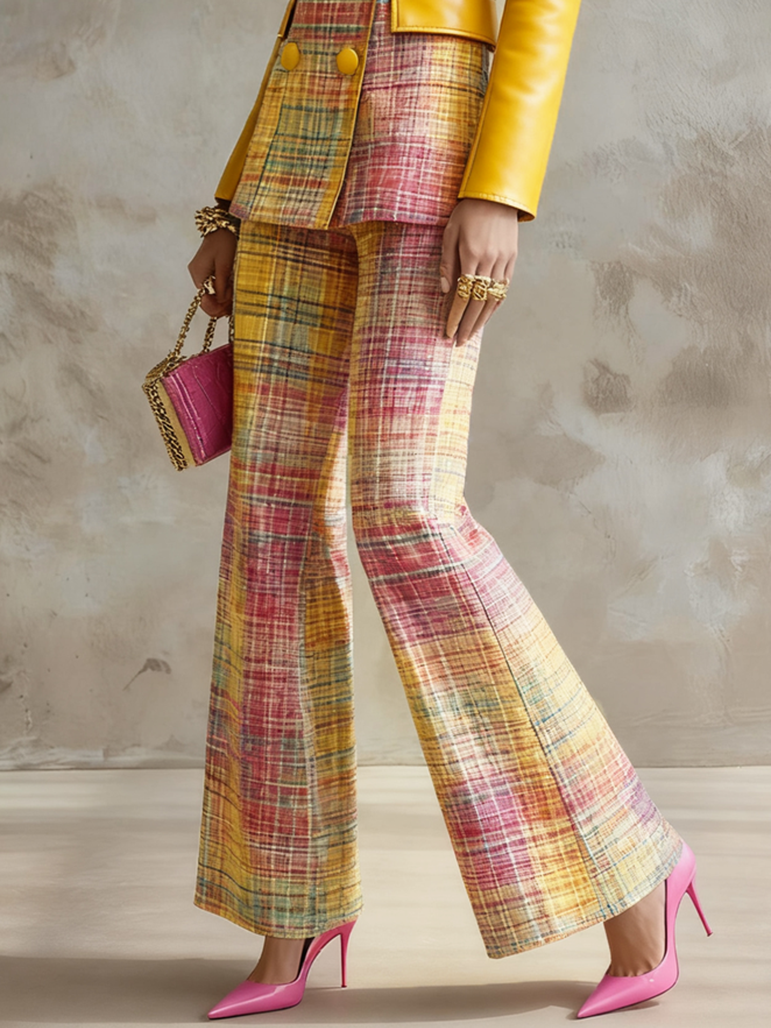 Urban Geometric Plaid Straight-Leg Pants