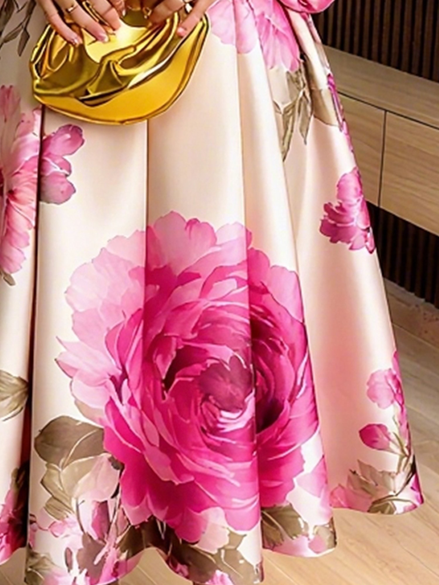 Elegant Floral Balloon Sleeve Printing Stand Collar Party Midi Dress