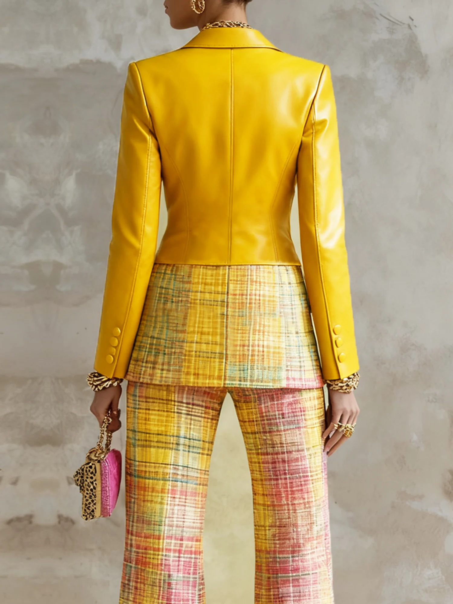 Urban Geometric Plaid Faux Leather Lapel Coat