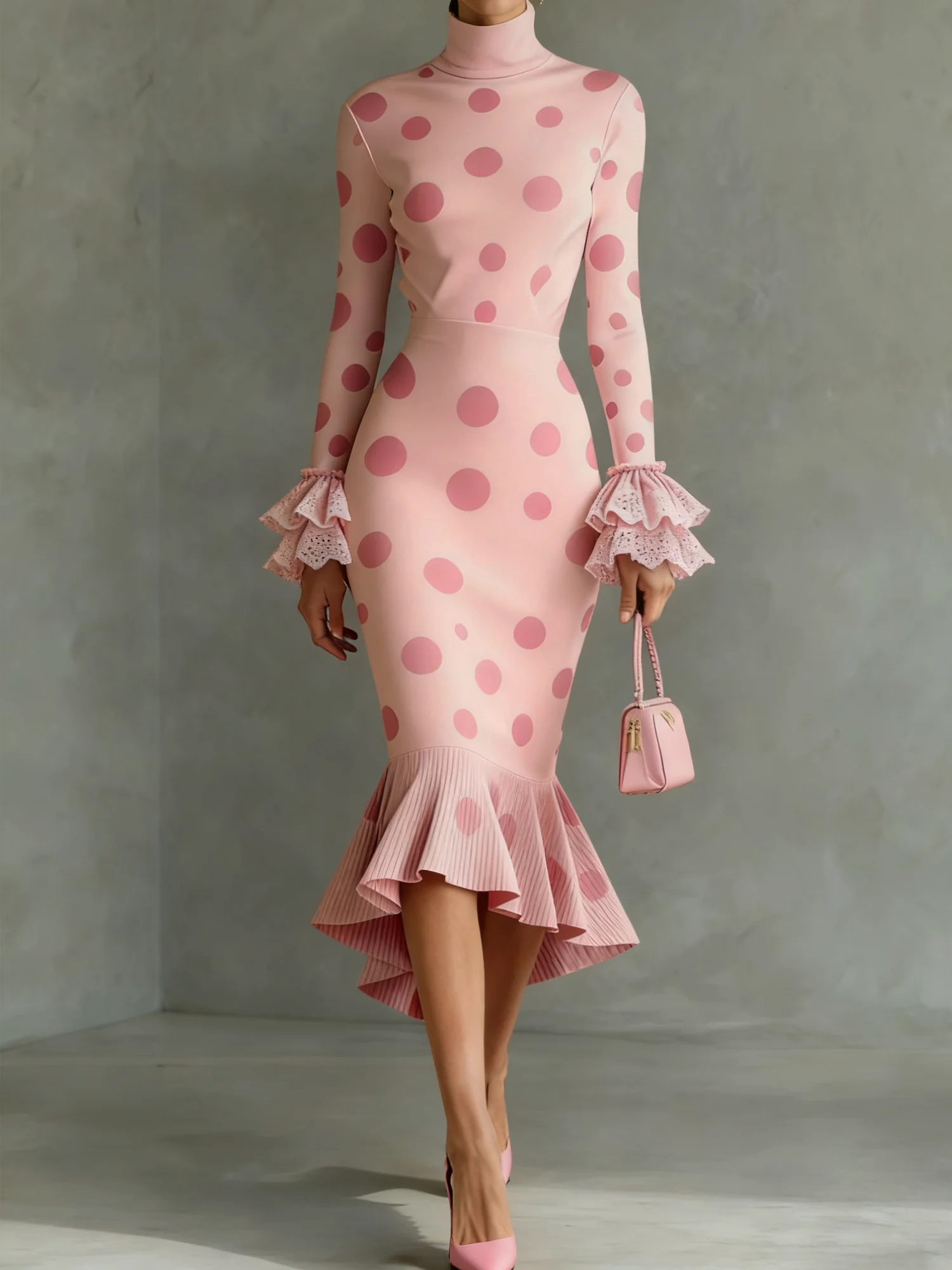 Elegant Polka Dots Stand Collar Dress