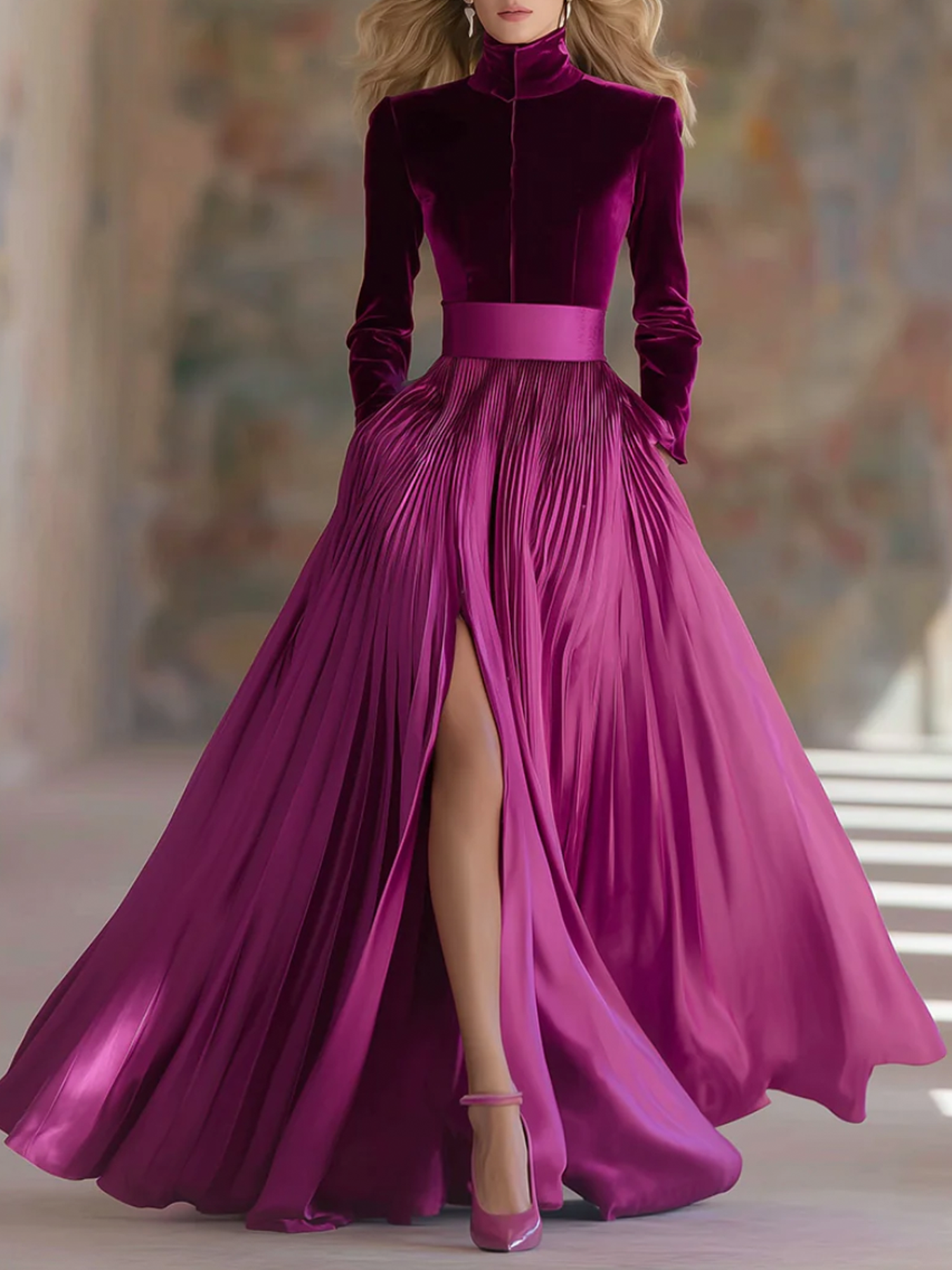 Velvet Elegant Plain Stand Collar Blouse