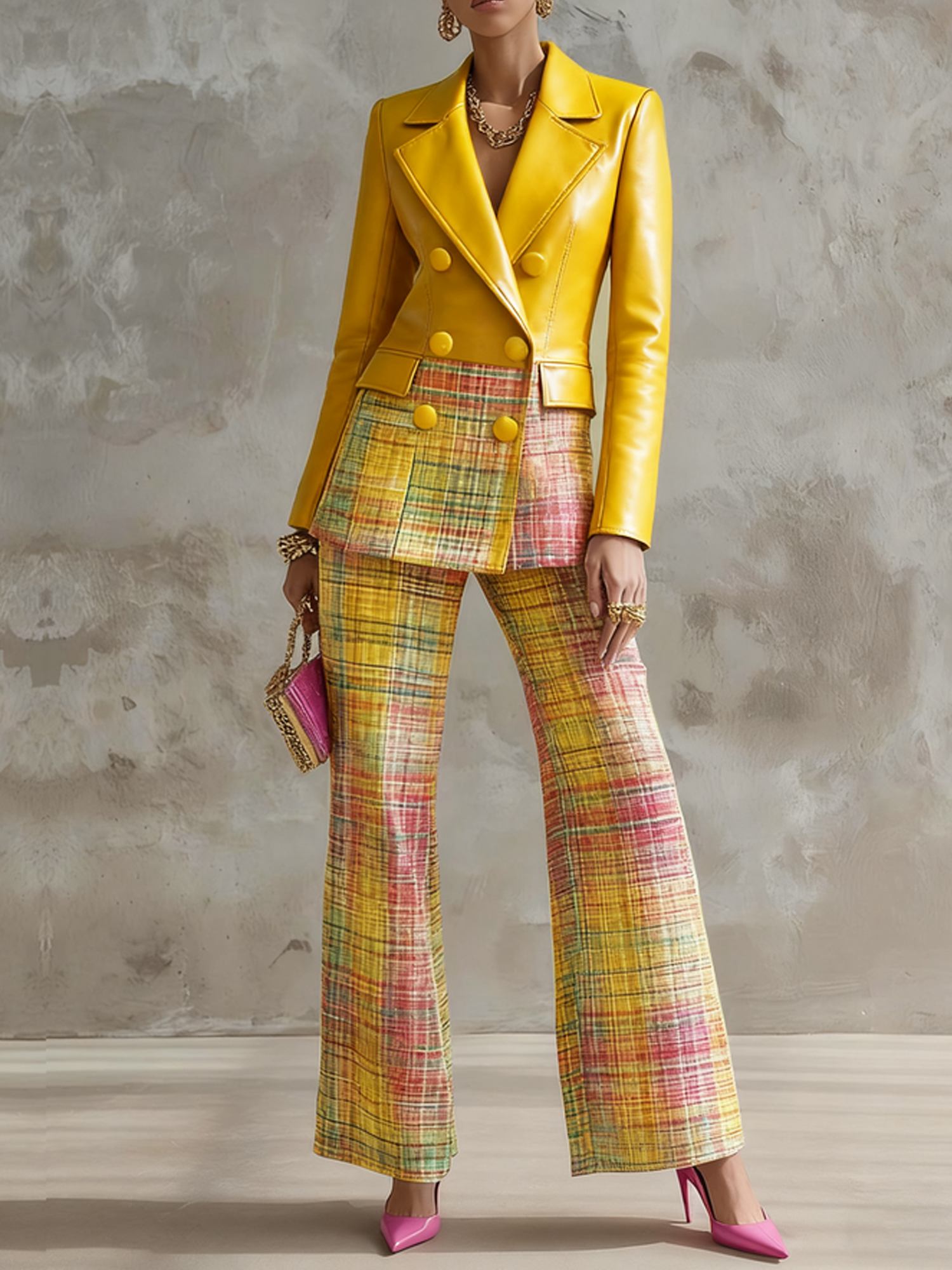 Urban Geometric Plaid Faux Leather Lapel Coat