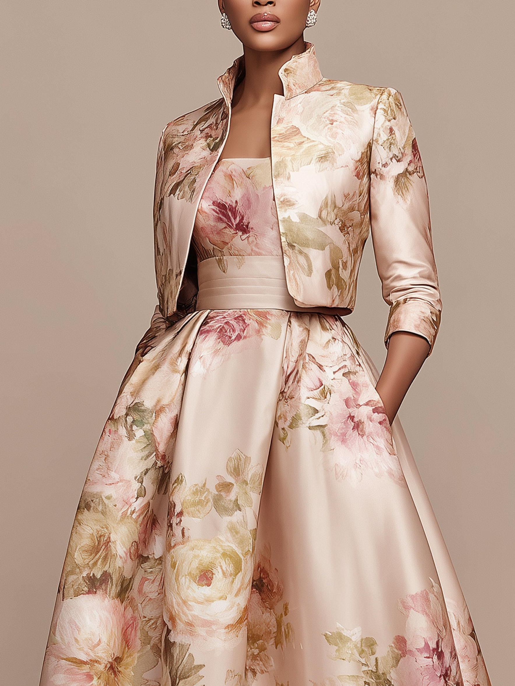 Elegant Floral Printing Stand Collar Maxi Dress With Coat