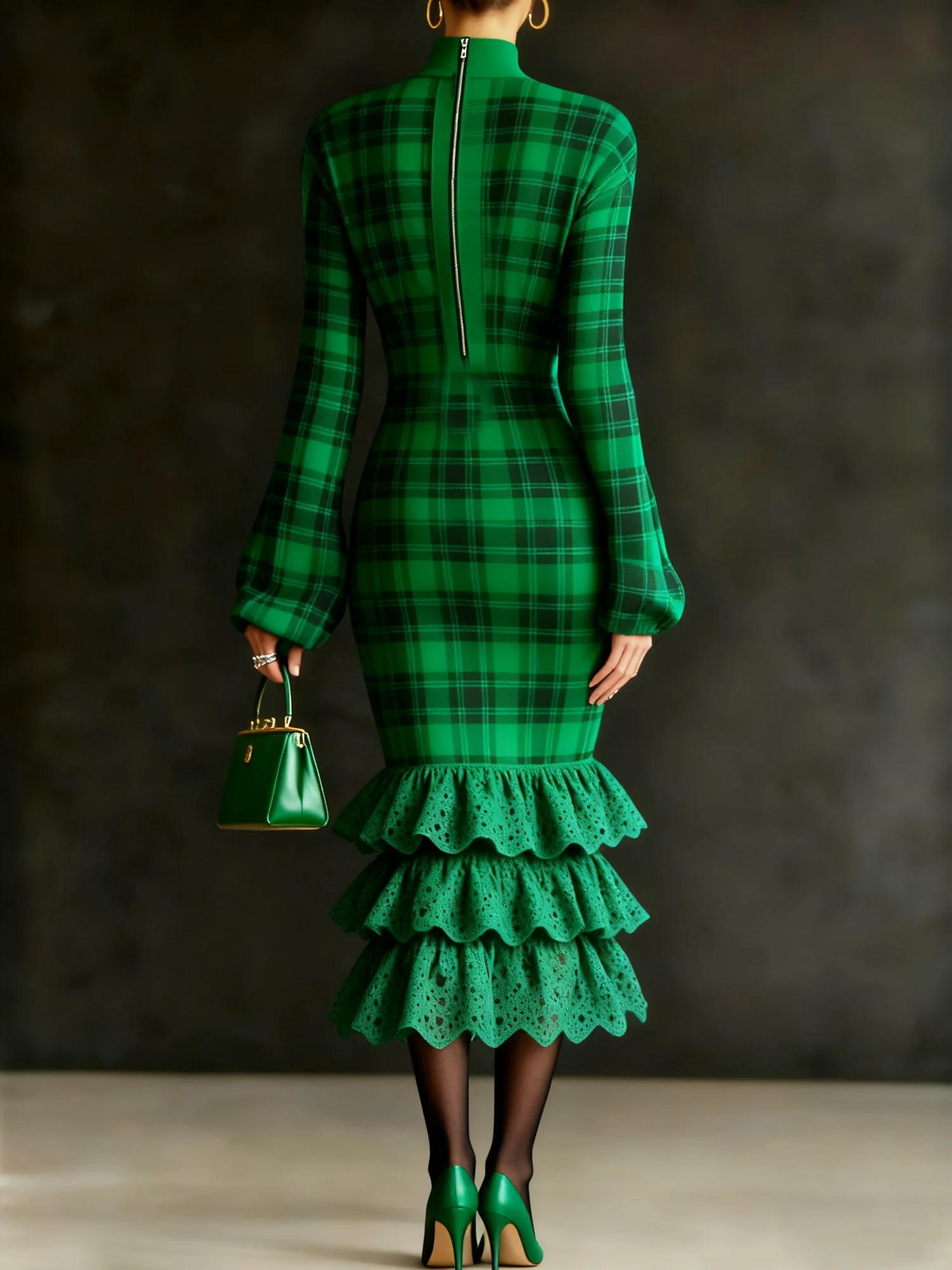 Elegant Plaid Stand Collar Midi Dress