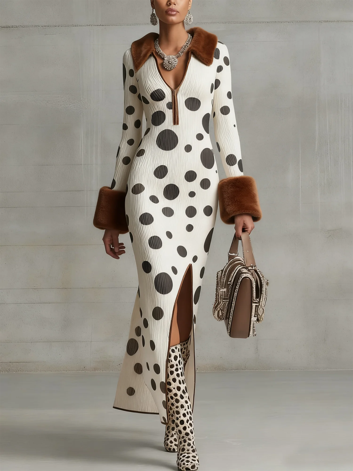 Elegant Polka Dots Side-Slit Shawl Collar Sweater Maxi Dress