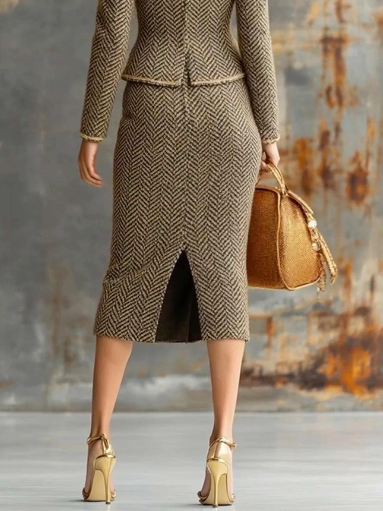 Elegant Herringbone Midi Skirt