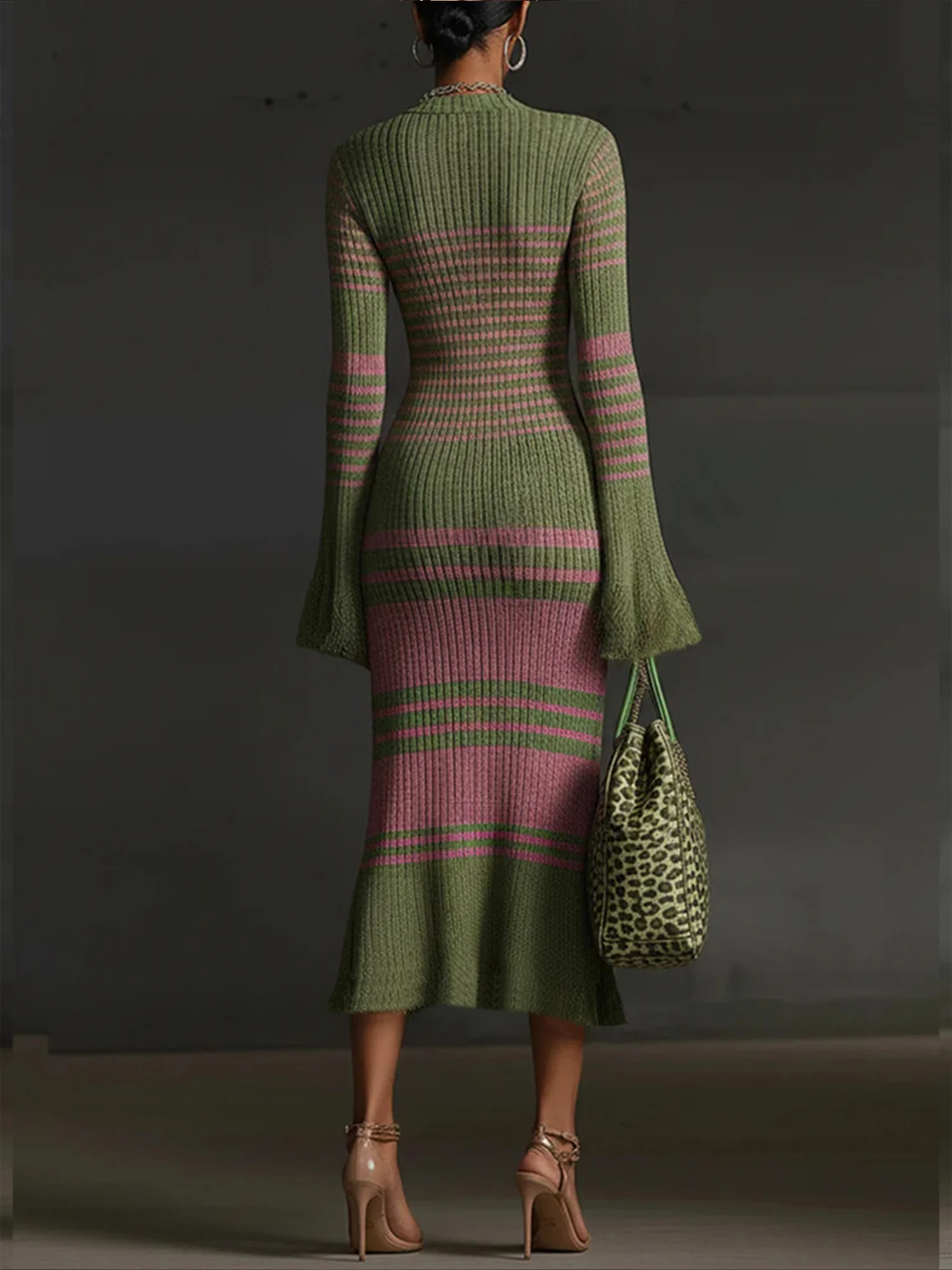 Elegant Wool-Blend Color Block Bell Sleeve V-Neck Sweater Midi Dress