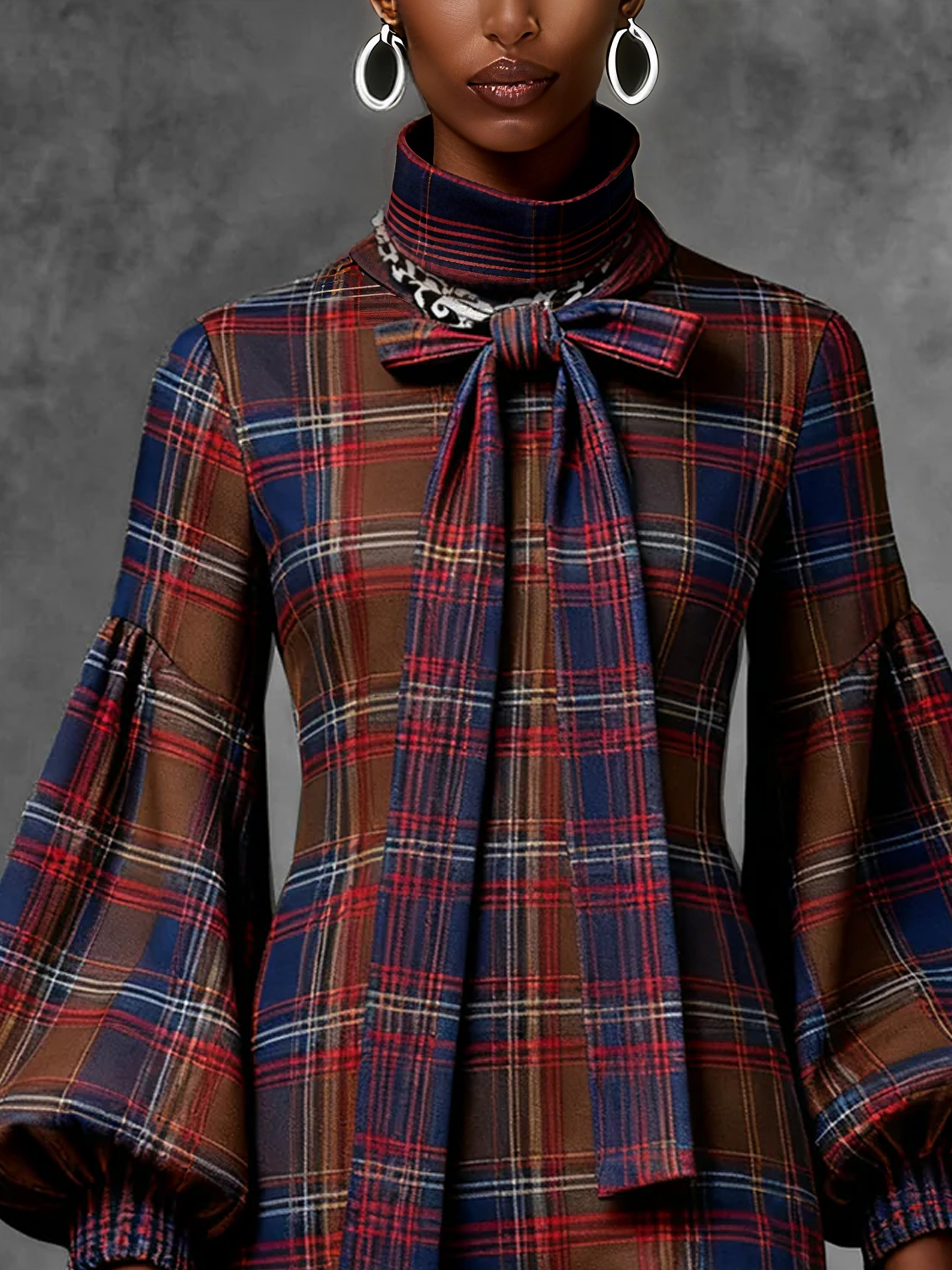 Urban Plaid Lace-up Stand Collar Mini Dress Belt