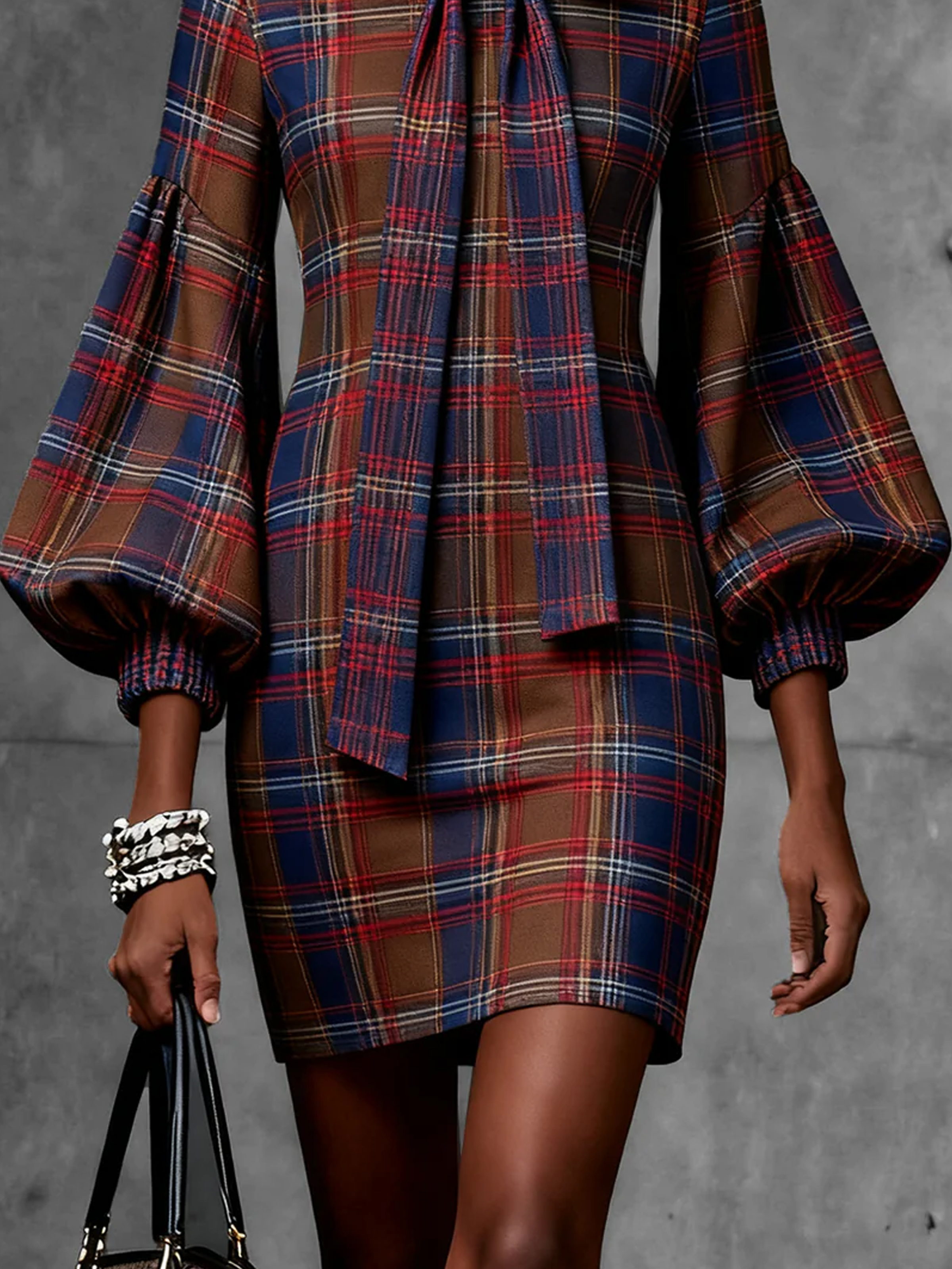 Urban Plaid Lace-up Stand Collar Mini Dress Belt