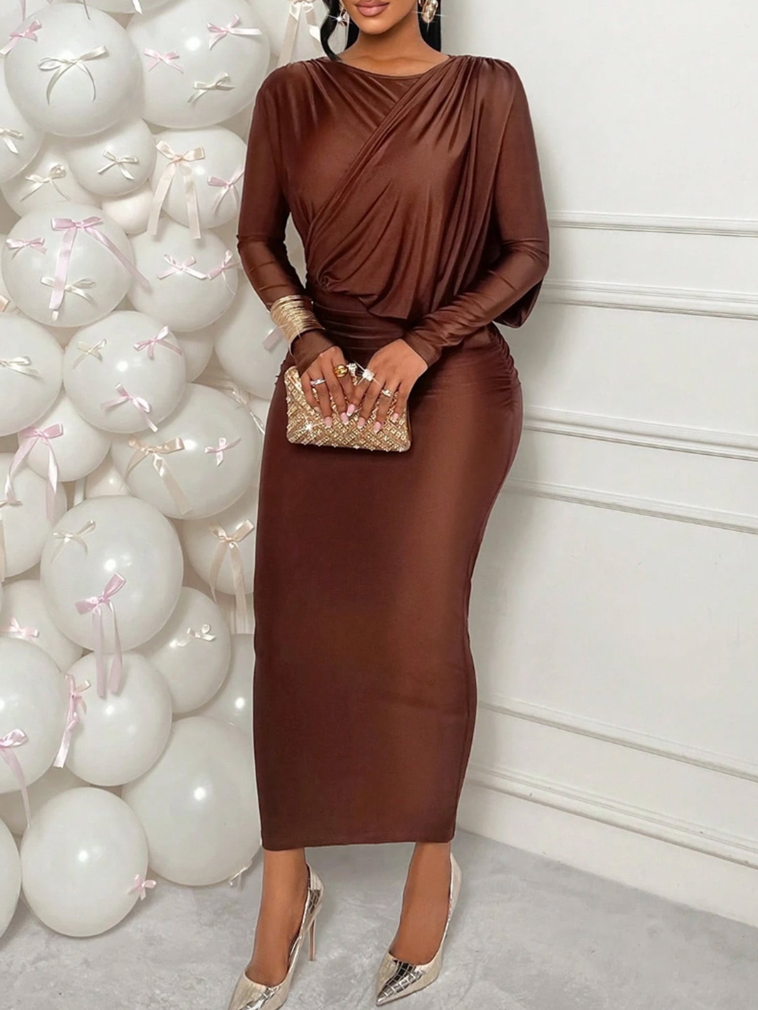 Elegant Plain  Ruched Crew Neck Midi Dress