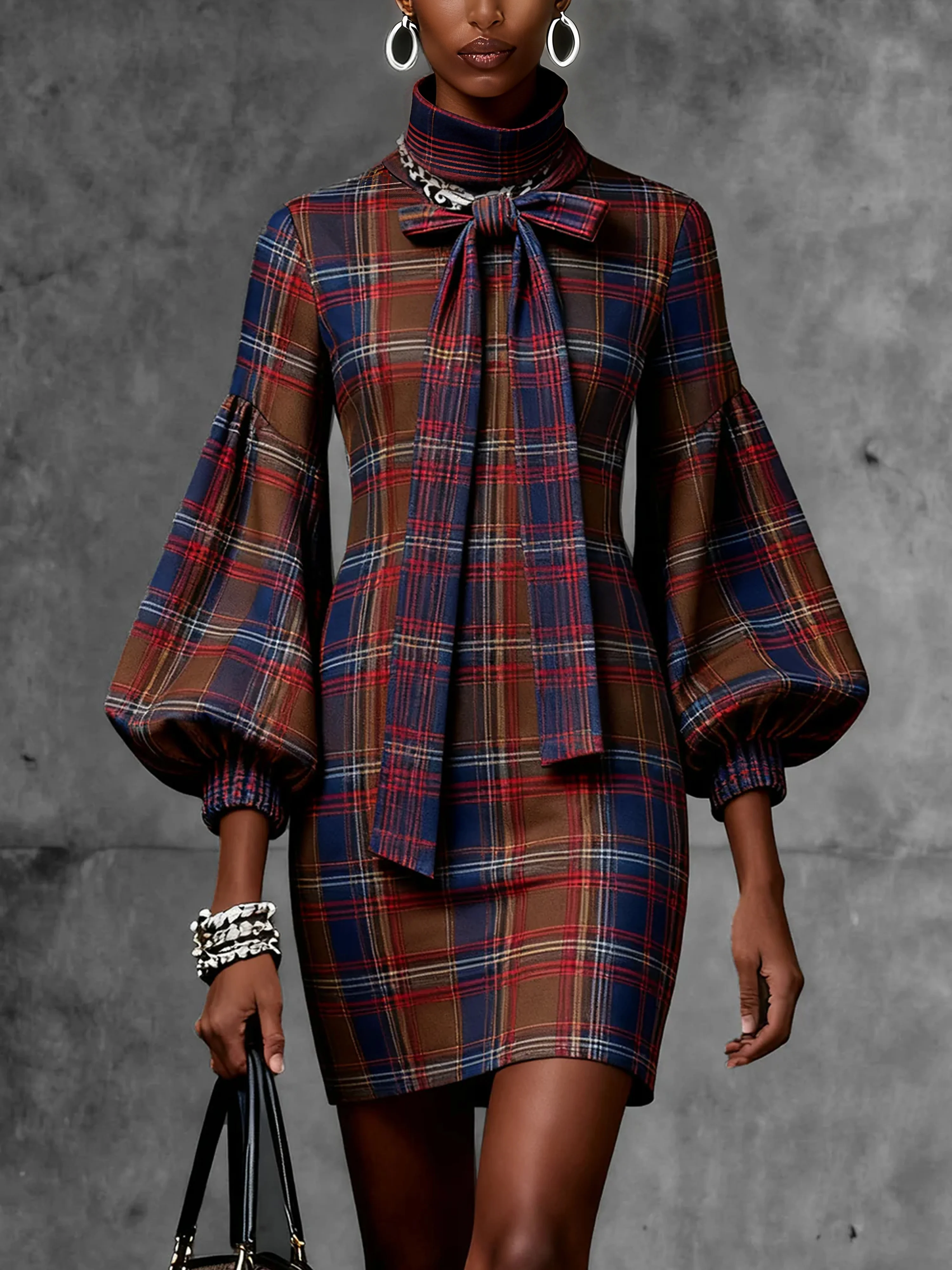 Urban Plaid Lace-up Stand Collar Mini Dress Belt